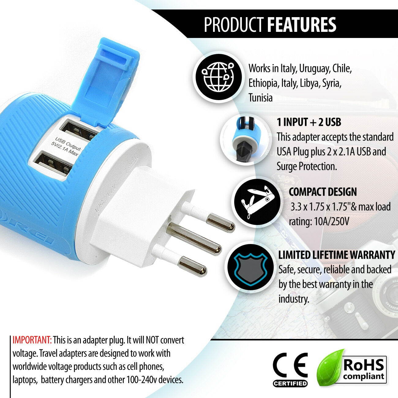 Italy, Uruguay Travel Plug Adapter by Orei with Dual USB + Surge Protection - Type L (U2U-12A), Will Work with Cell Phones, Camera, Laptop, Tablets, iPad, iPhone and More, Blue