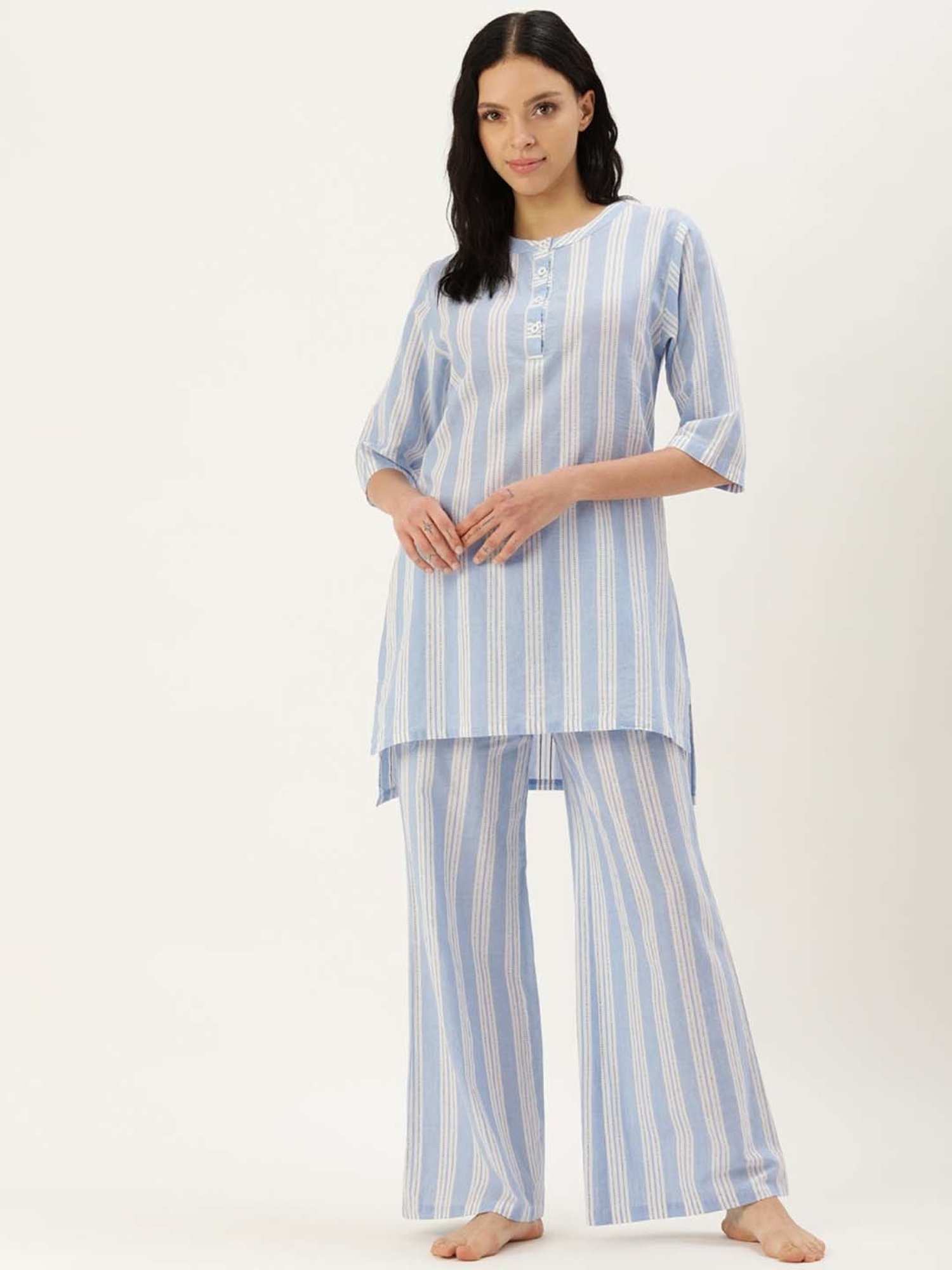 Clt.s Blue Cotton Striped Kurti Palazzo Set