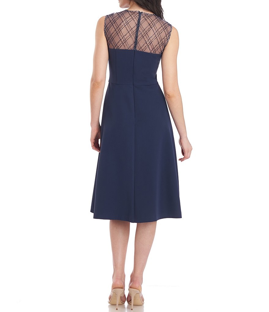 JS Collections Reille Illusion Yoke Stretch Crepe Crew Neck Bow Detail Sleeveless Dress