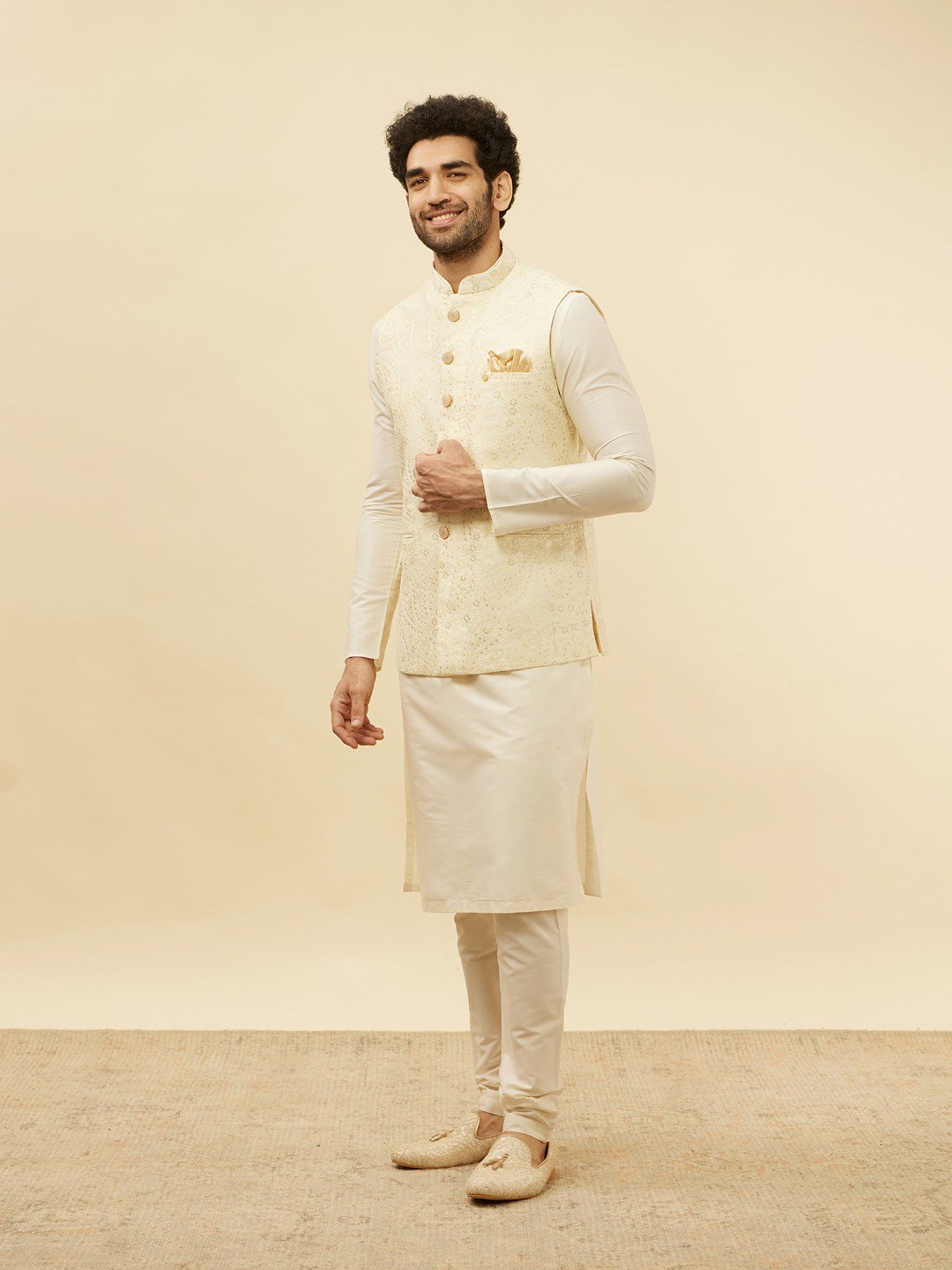 Manyavar Cream Regular Fit Self Design Nehru Jacket