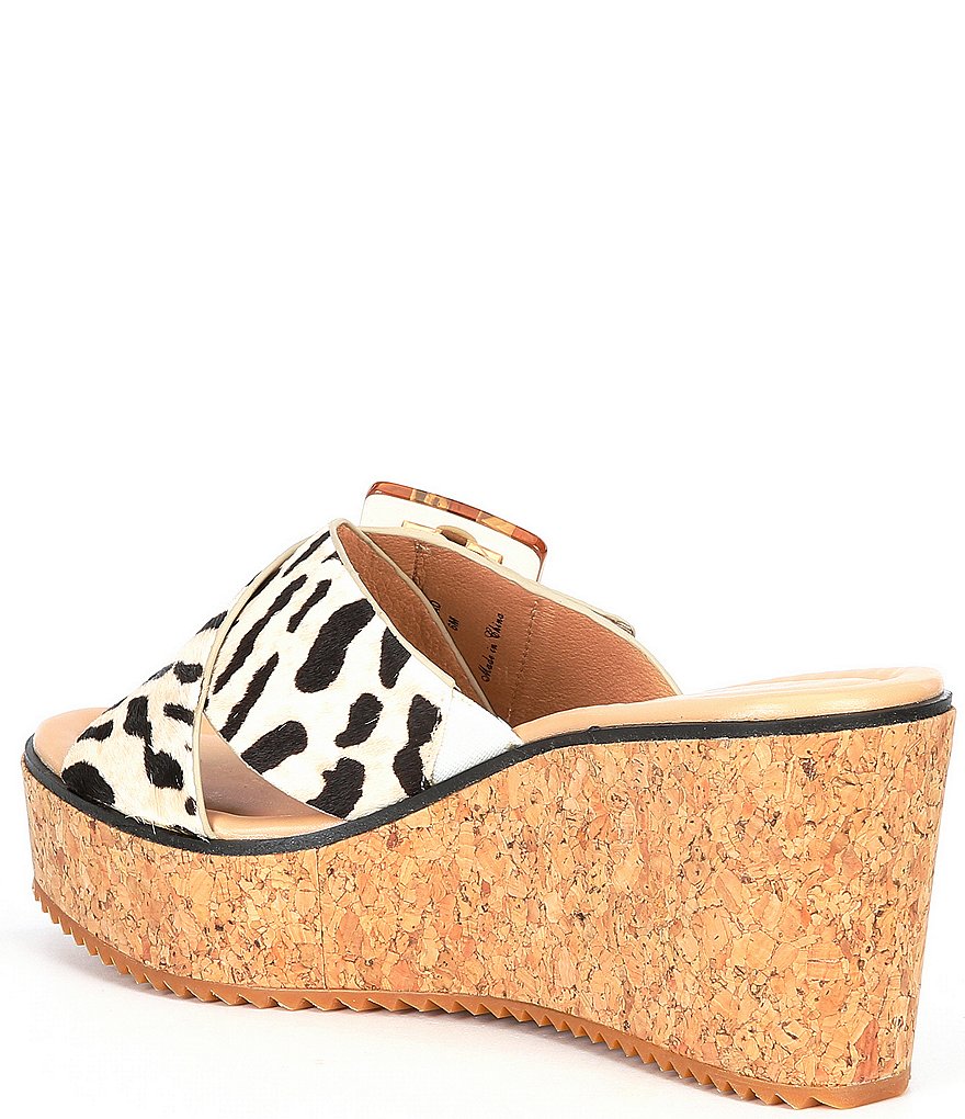 Donald Pliner Illiad Leopard Print Calf Hair Buckled Cork Wedge Slides