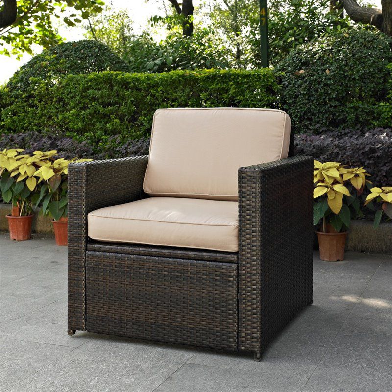 Steel Wicker Patio Arm Chair with Sand Cushion in Brown-Pemberly Row