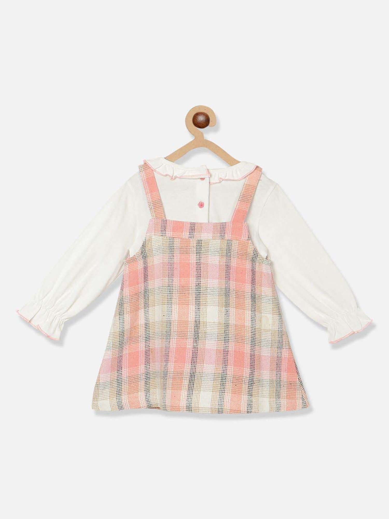 Nauti Nati Kids Pink & White Cotton Chequered Full Sleeves Dress Set