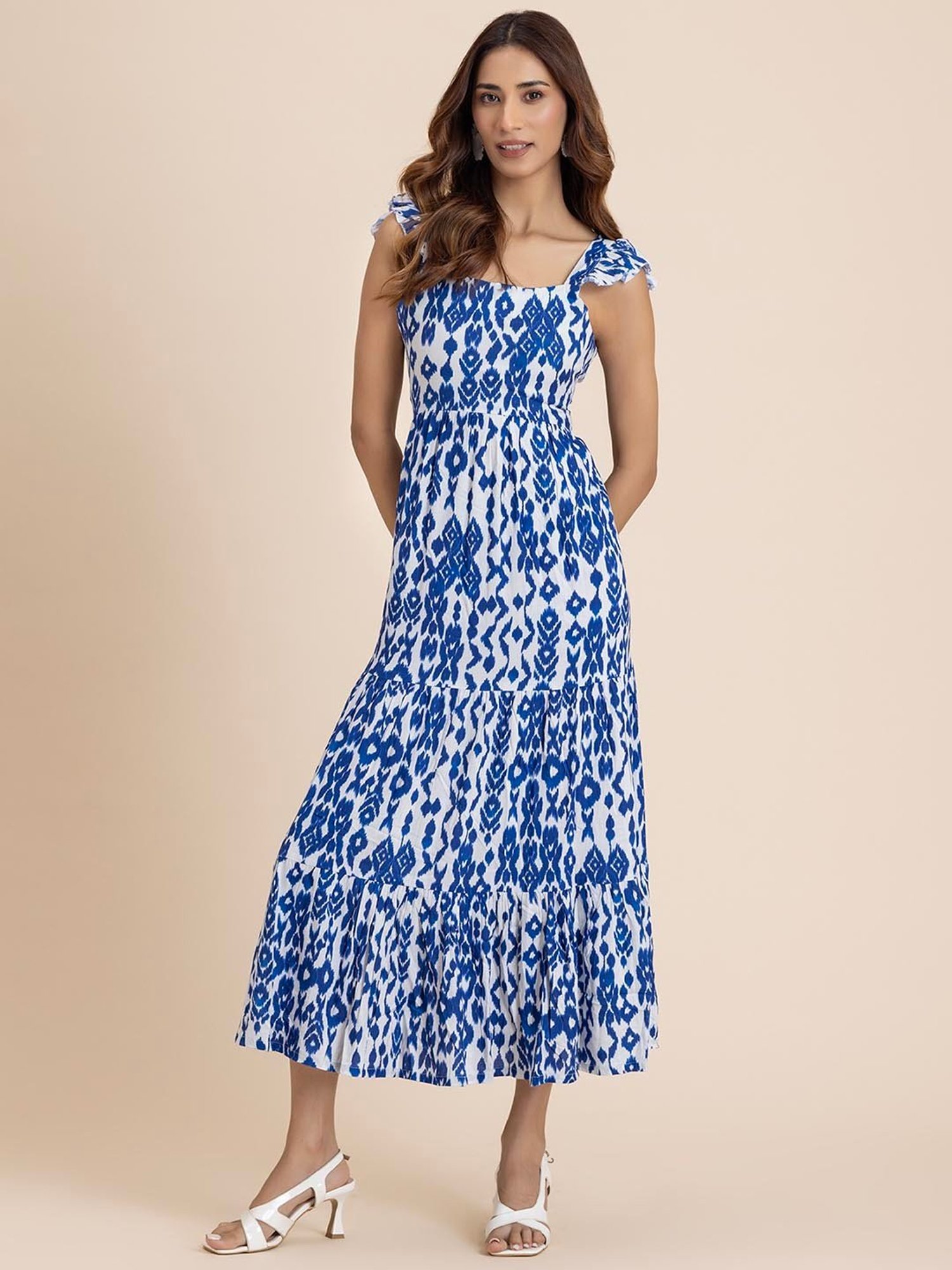 Moomaya Blue & White Printed Midi Dress