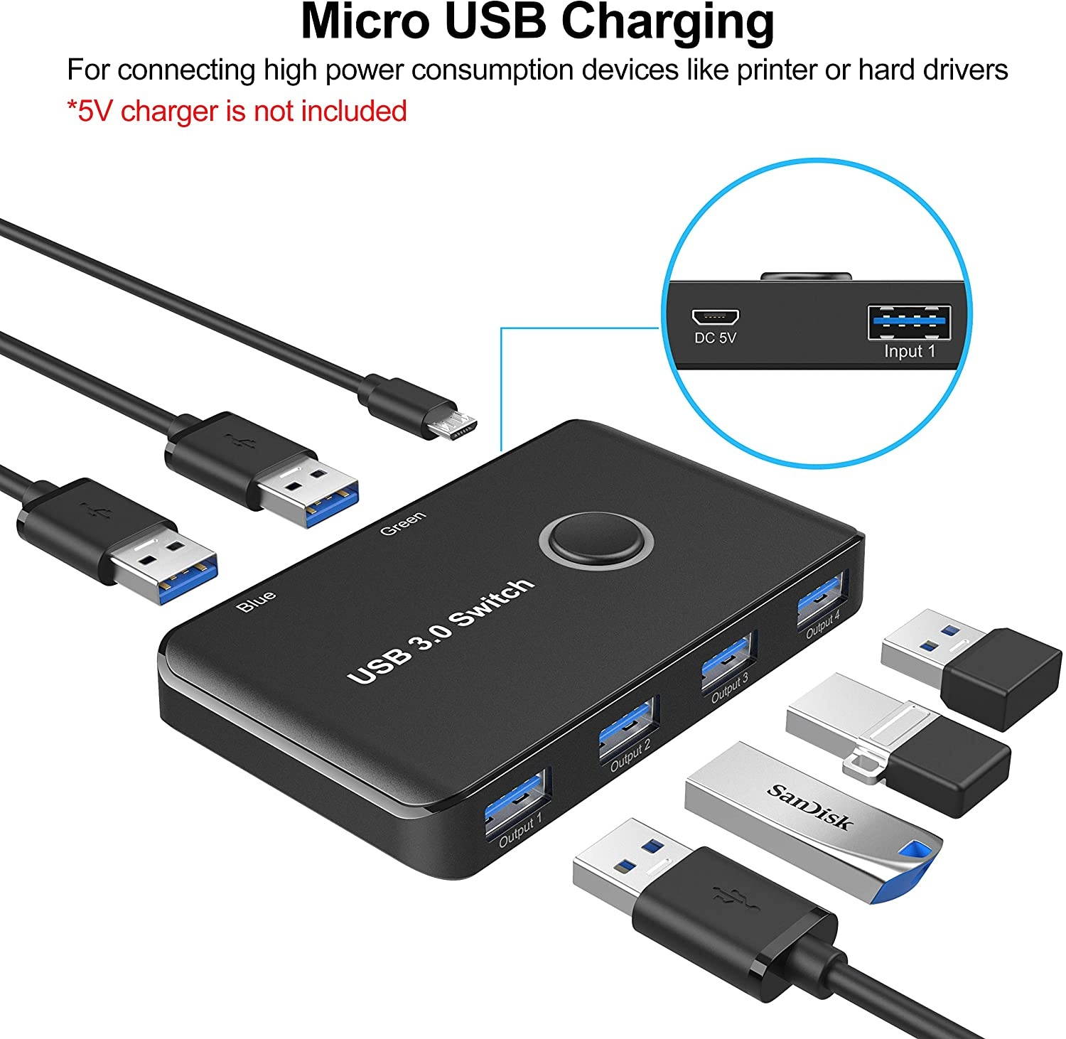 ABLEWE USB 3.0 Switch USB Switch Selector 2 Computers Sharing 4 USB Devices KVM Switcher Box for PC Printer Scanner Mouse Keyboard with 2 Pack USB Cable(Compatible with Mac/Windows/Linux)