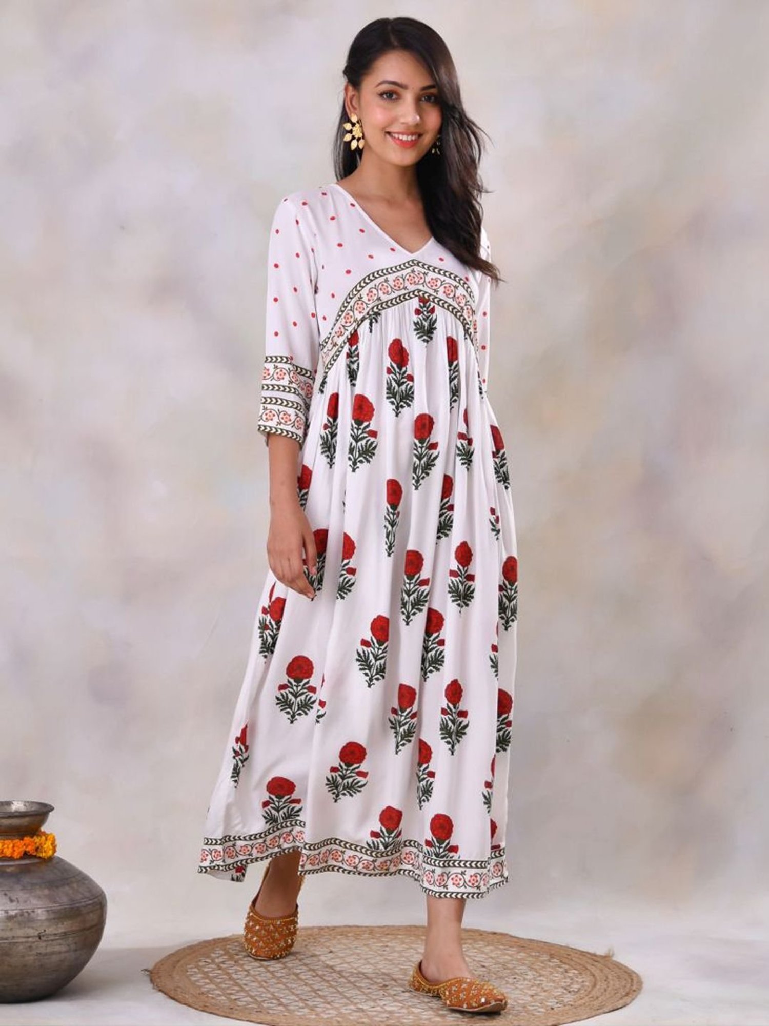 Rustorange Off White Printed Dress