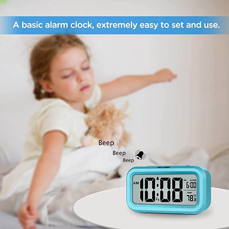 Smart Night Light Digital Alarm Clock with Indoor Temperature, Battery Operated Desk Small Clock (Blue)