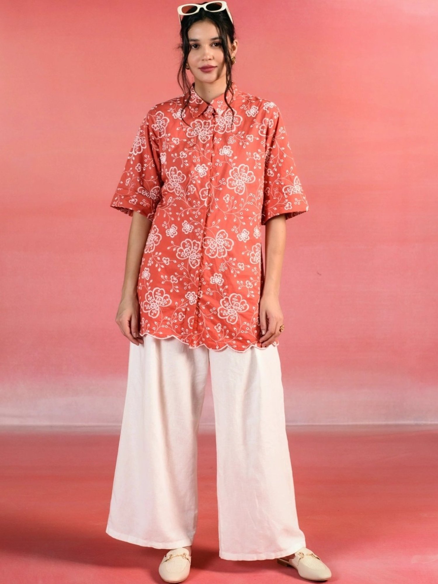 Kameez by Pooja Scarlet Red Floral Embroidered Poplin Shirt