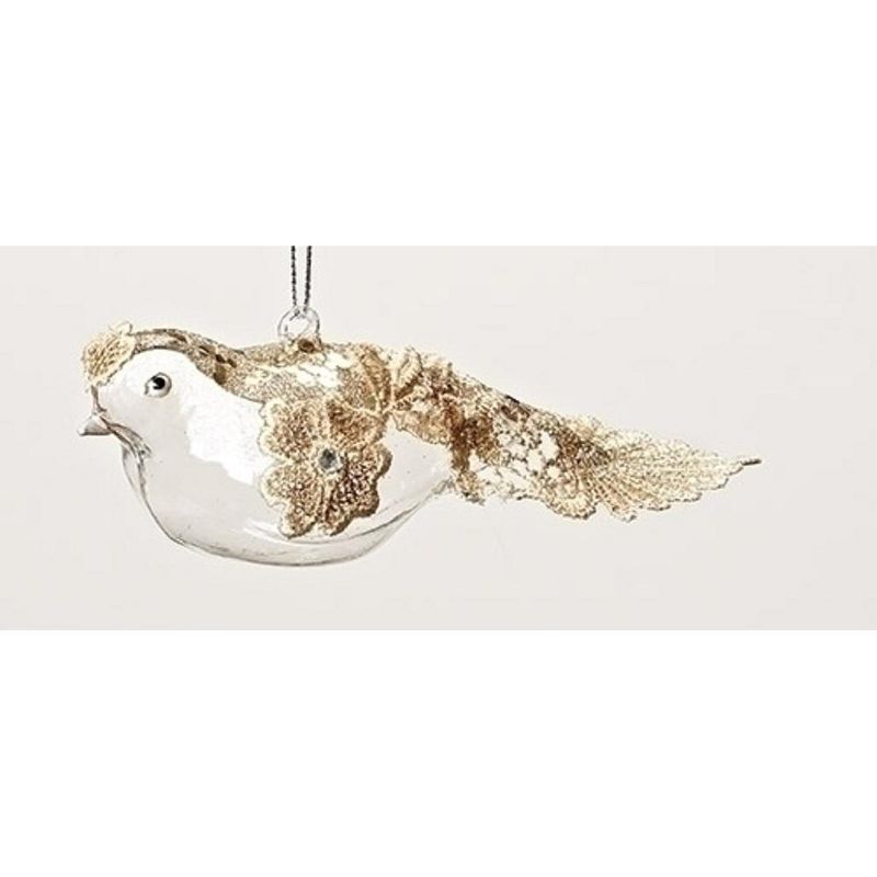Roman 6.5" Elegant Gold Glitter, Lace and Rhinestone Glass Bird Christmas Ornament