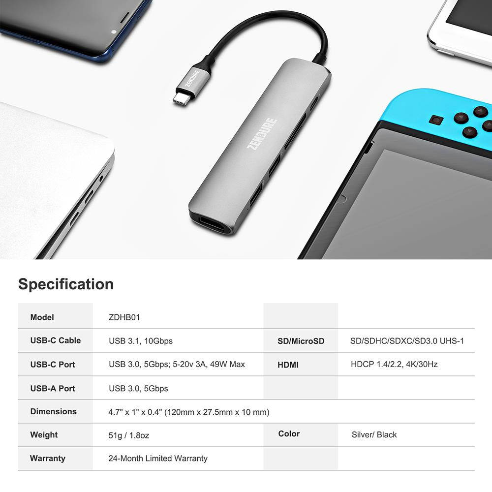 6-in-1 usb-c hub, zendure 49w slim aluminum adapter with 4k usb c to hdmi, microsd/sd card reader, 2 usb 3.0 ports, for macbook