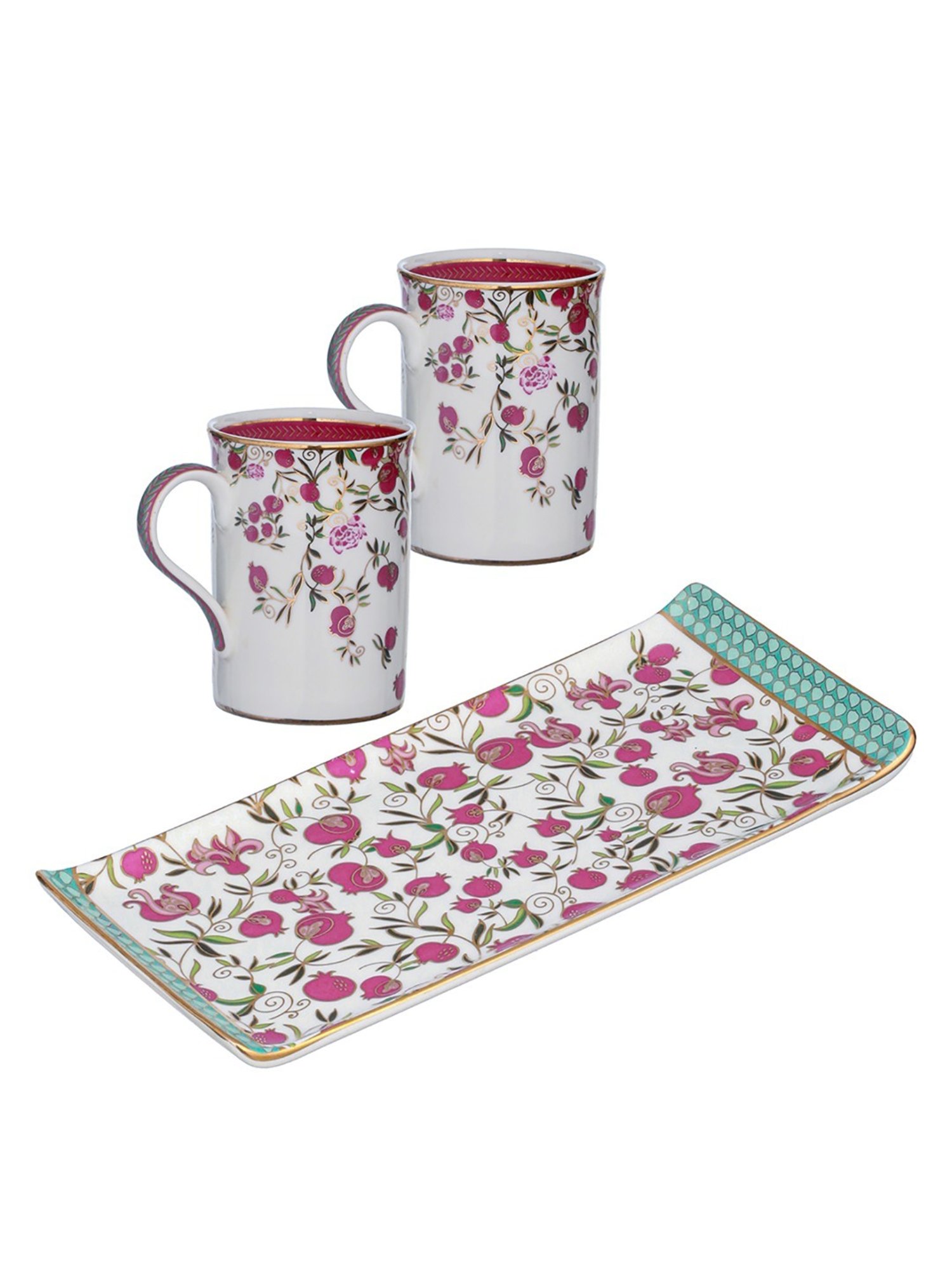 Trovea's Pom Passion 24K Gold Red Ceramic Mugs and Tray - Set of 2