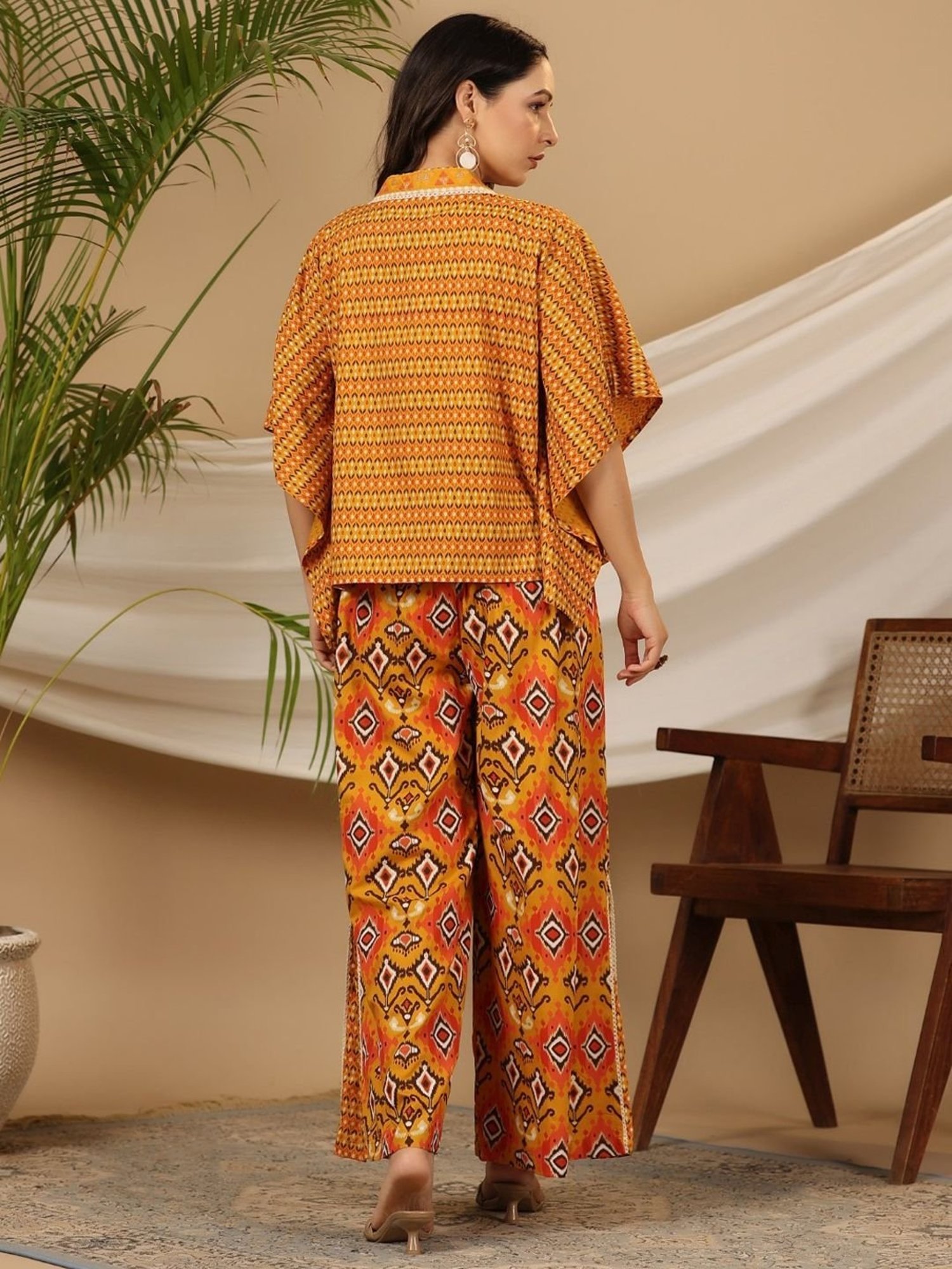 Juniper Mustard Ikat Printed & Tribal Embroidered Rayon Co-Ord Set With Jacket & Kaudis