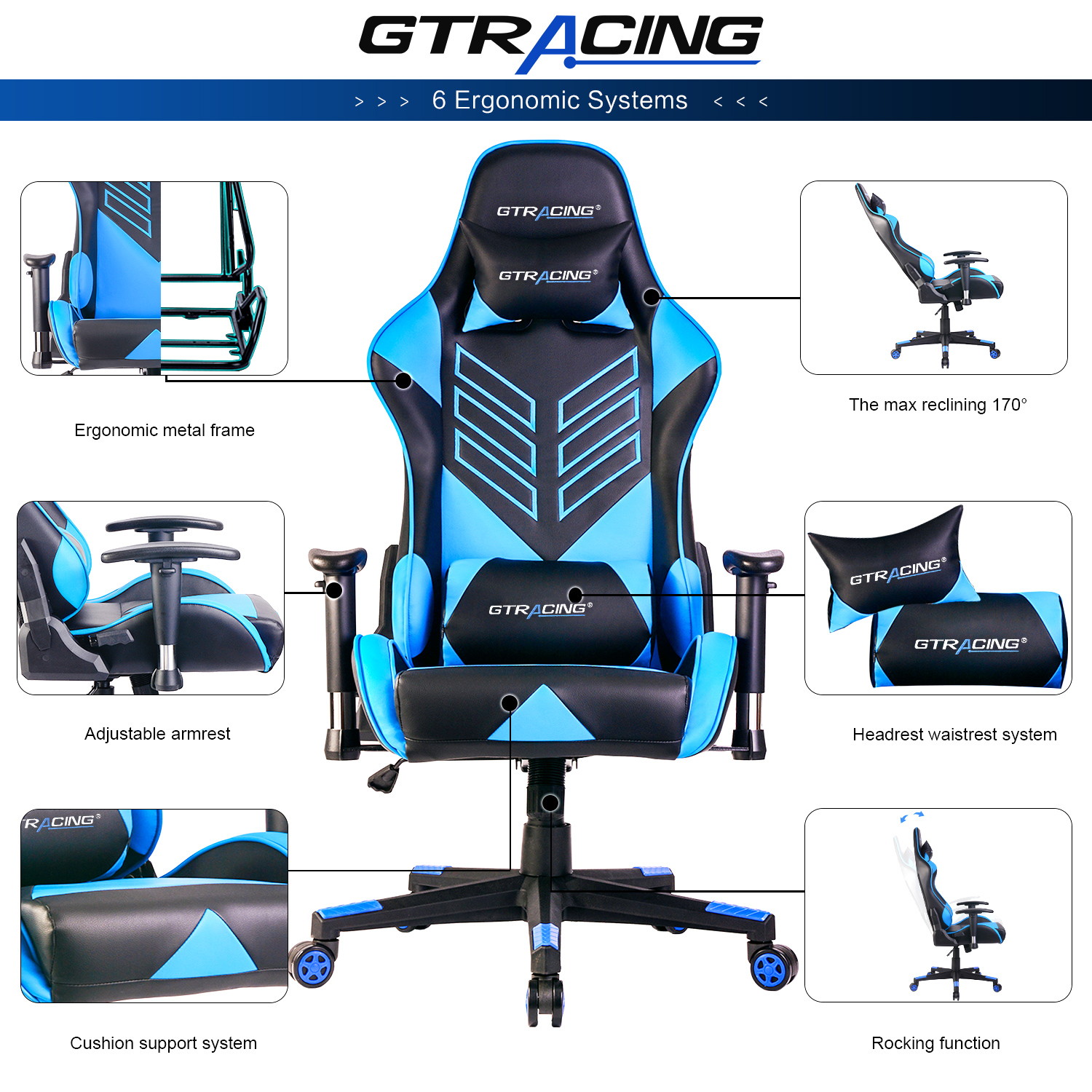 GTRACING Executive High-Back Gaming Chair Computer Office Chair PU Leather Swivel Chair Racing Chair