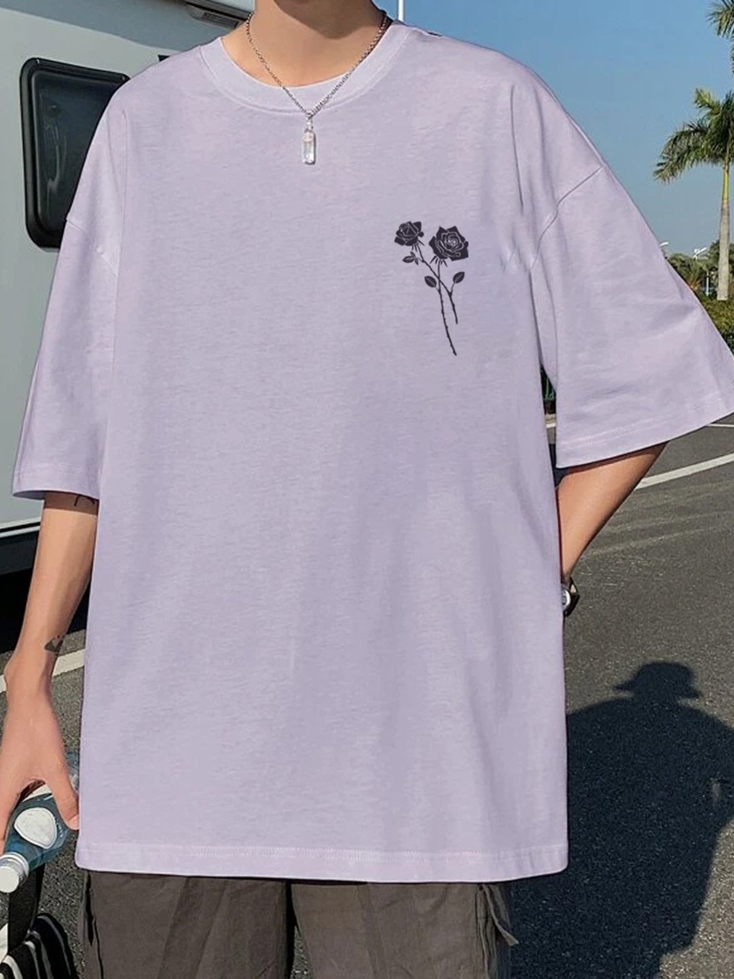 Rigo Oversized Light Purple Loose Fit Print Crew T-Shirt
