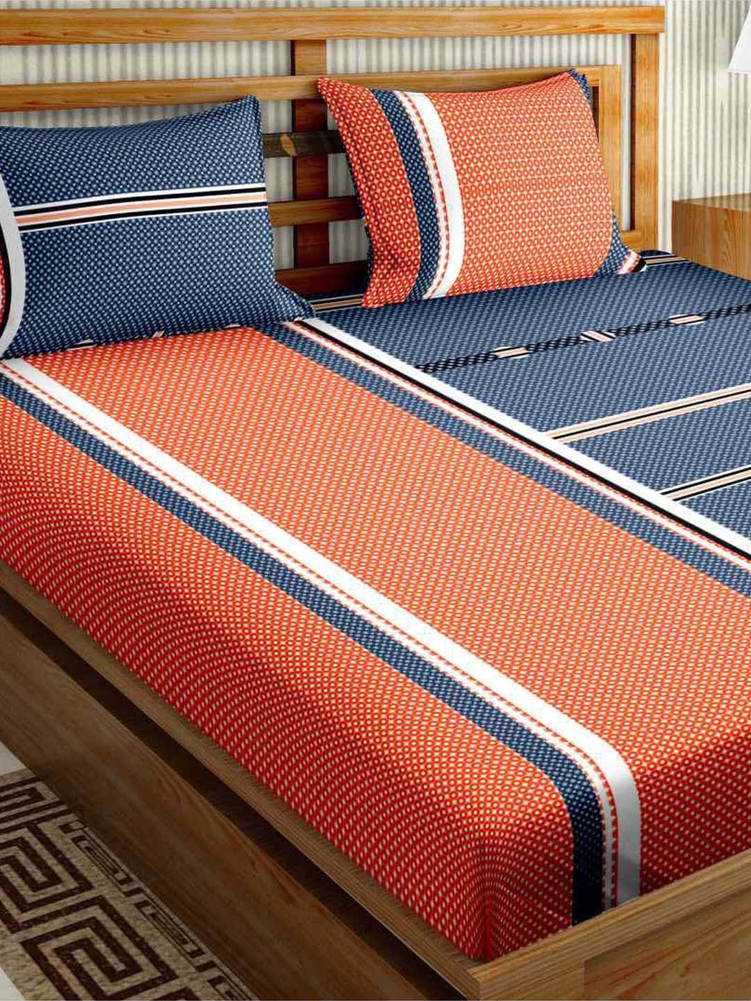 Bella Casa Stella Collection Orange & Blue Cotton 180 TC Bedsheet with 2 Pillow Covers
