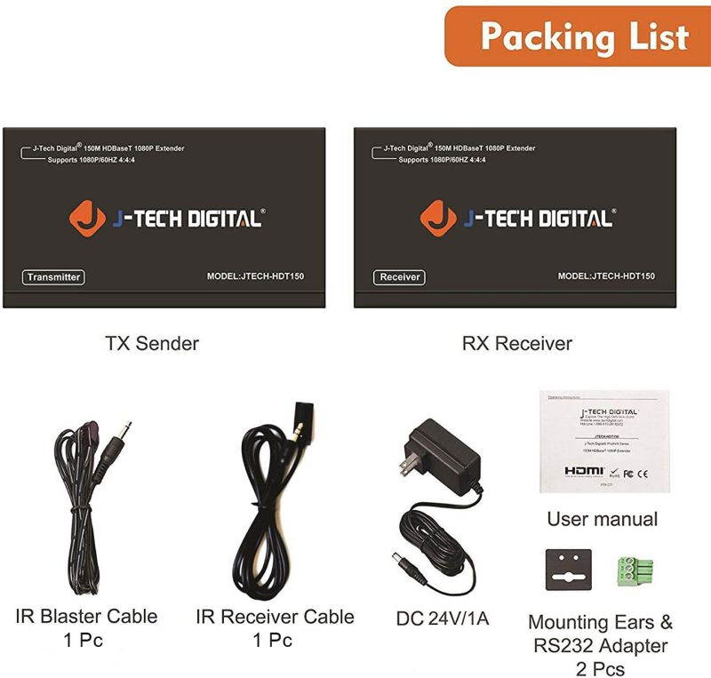 J-Tech Digital Long Range HDMI Extender Over Cat6 150m/492ft HDBaseT 1080P Extender PoC, Bi-Directional IR, Supports Dolby Digital, DTS, with EDID, CEC, RS-232 Passthrough (JTECH-HDT150)