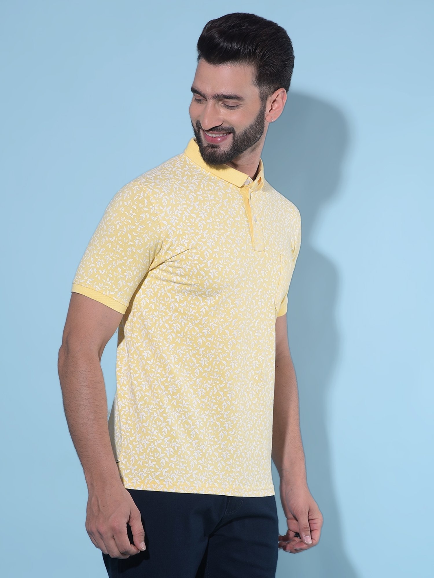 Crimsoune Club Yellow Cotton Slim Fit Floral Print Polo T-Shirt
