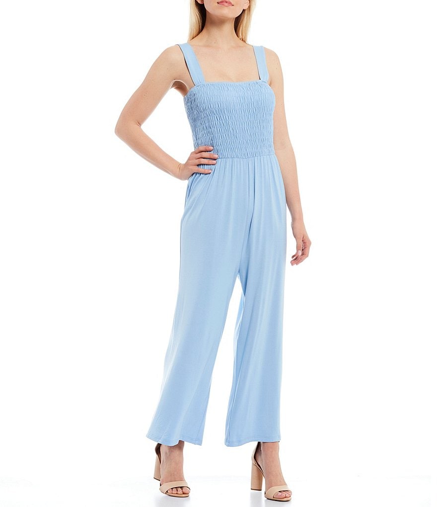 Sugarlips Square Neck Sleeveless Wide-Leg Jersey Knit Smocking Jumpsuit