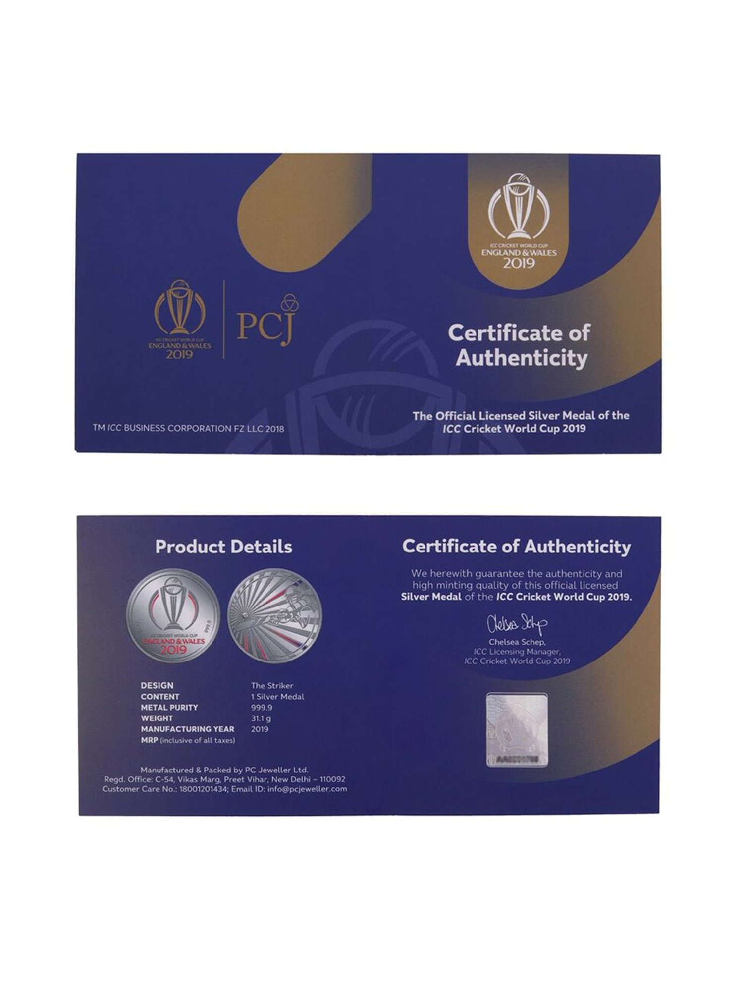 PC Jeweller 24k (999.9) 31.1gm ICC Official World Cup 2019 The Striker Silver Coin Medal