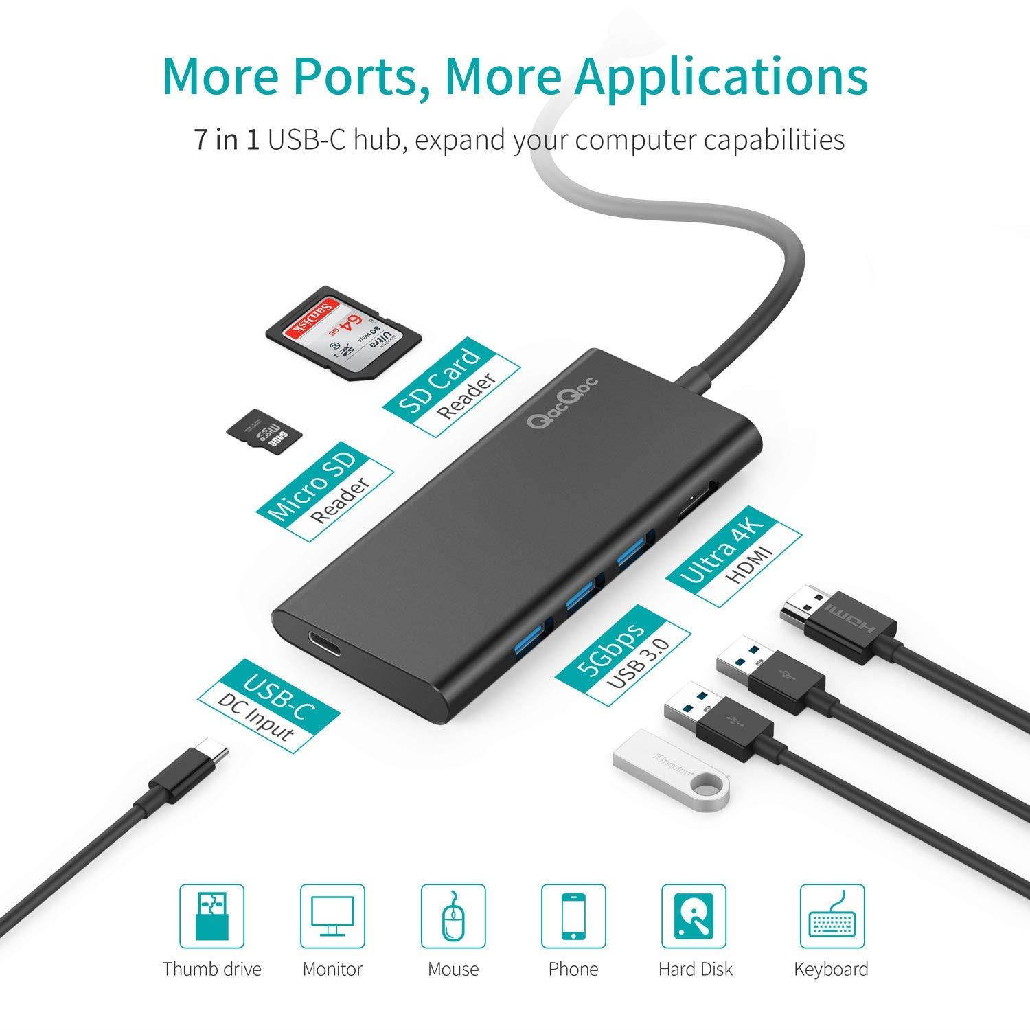 USB C Hub QacQoc 7-in-1 Type C Hub with PD Power Delivery, 4K USB C to HDMI, SD Card Reader, 3 USB 3.0 Ports for MacBook Pro and Type C Windows Laptops(Black)