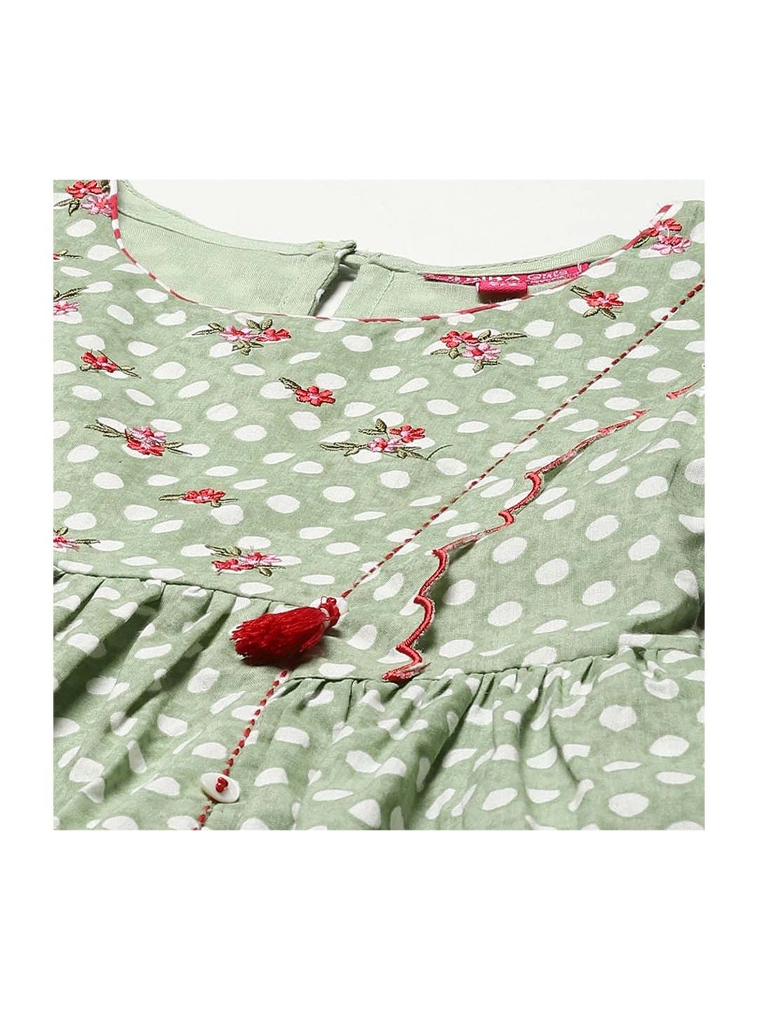 BIBA Girls Green & Red Cotton Printed Kurta Set