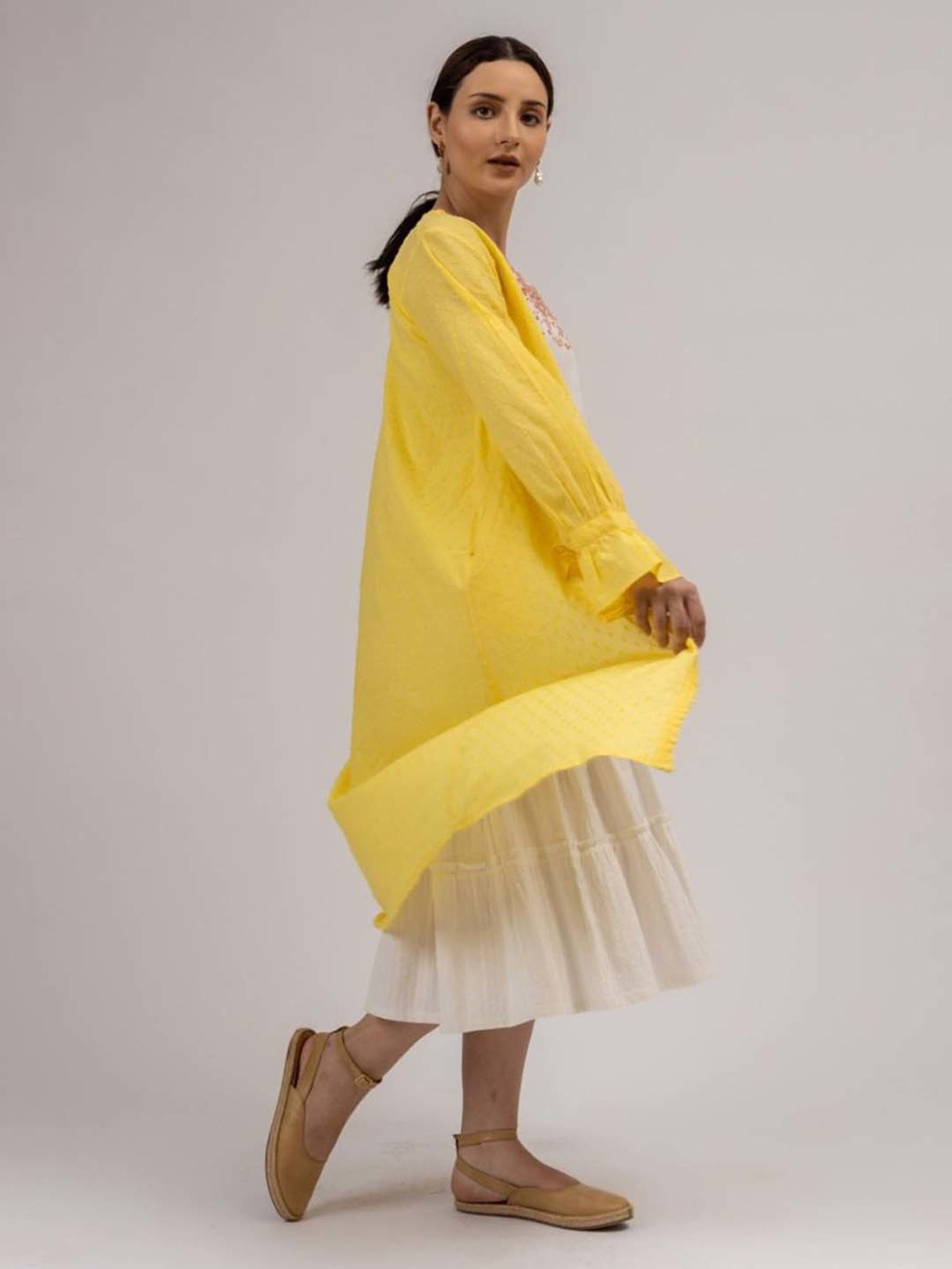 Mushio Yellow Camilla Crochet Lace Detail Cotton Dobby Overlay With Sleeve Tie Ups