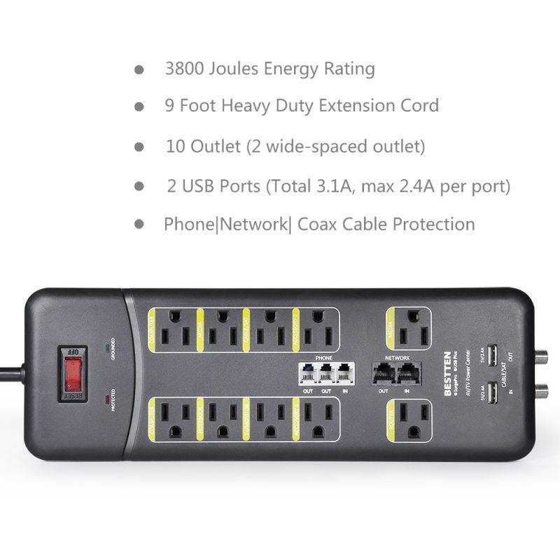 BESTTEN 10 Outlet All-In-One Surge Protector Power Strip with 2 USB Charging Ports (3.1A Total) and Phone/Ethernet/Coaxial Protection, 9-Foot Ultra Long Extension Cord, 3800 Joules, ETL Listed, Black