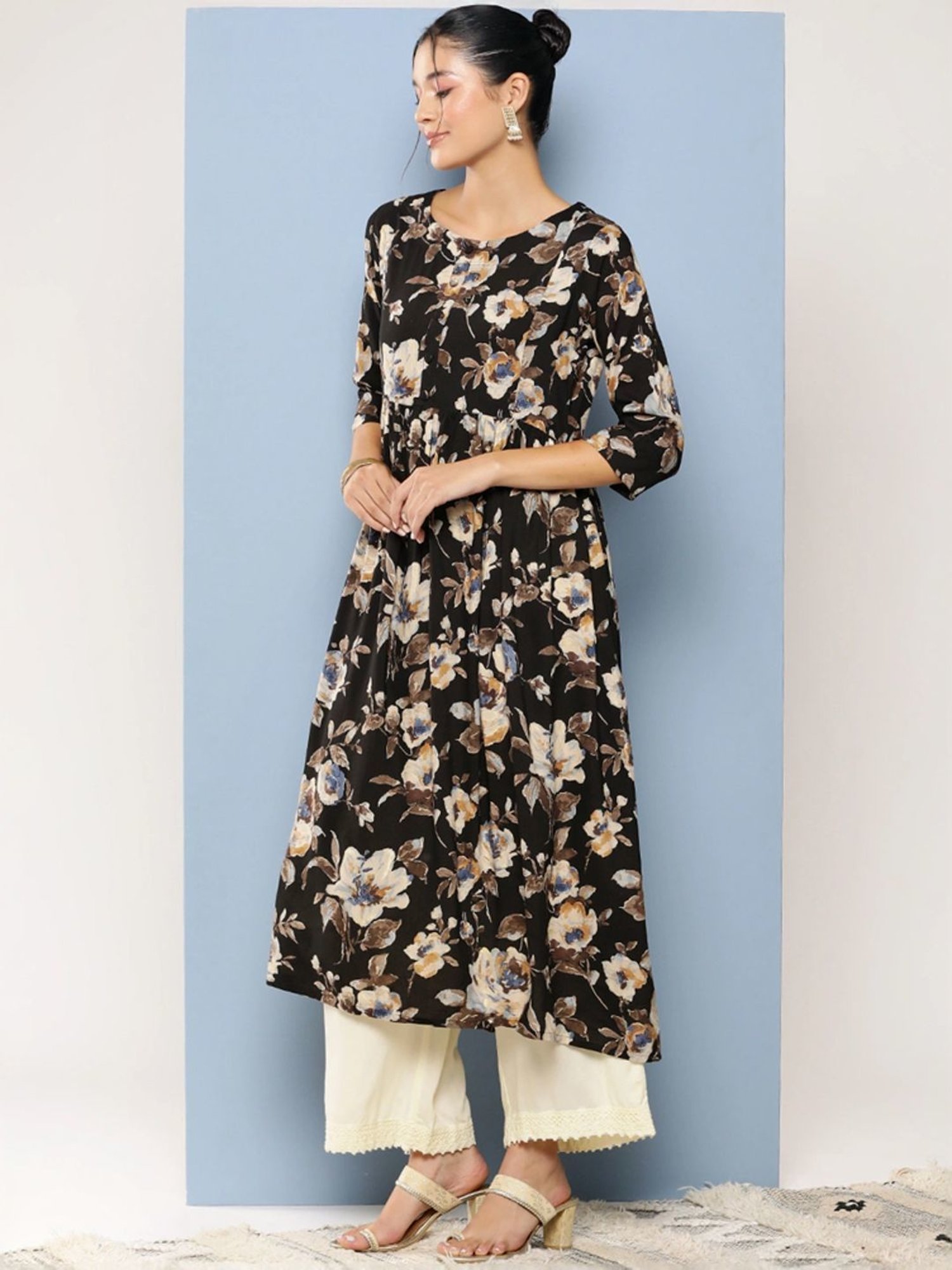 Aarika Black Floral Print A Line Kurta