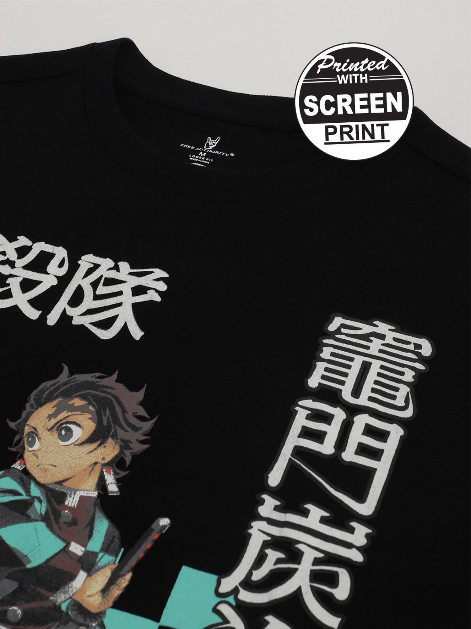 Free Authority Black Loose Fit Demon Slayer Print T-Shirt