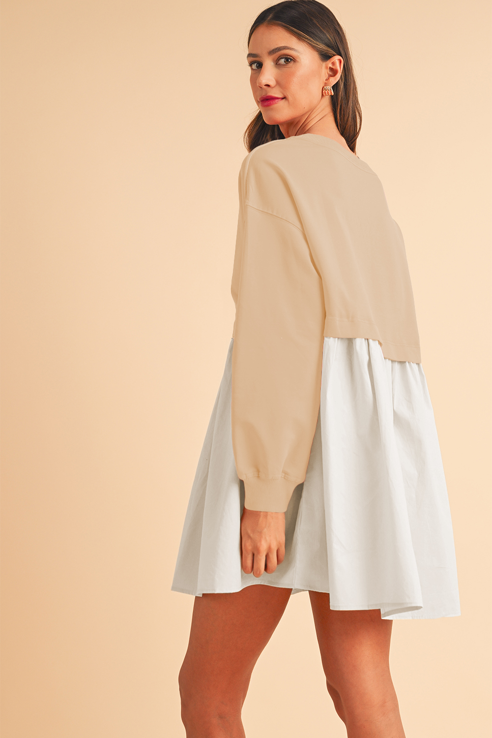 Khaki Sweatshirt Colorblock Flowy Pleated Mini Dress