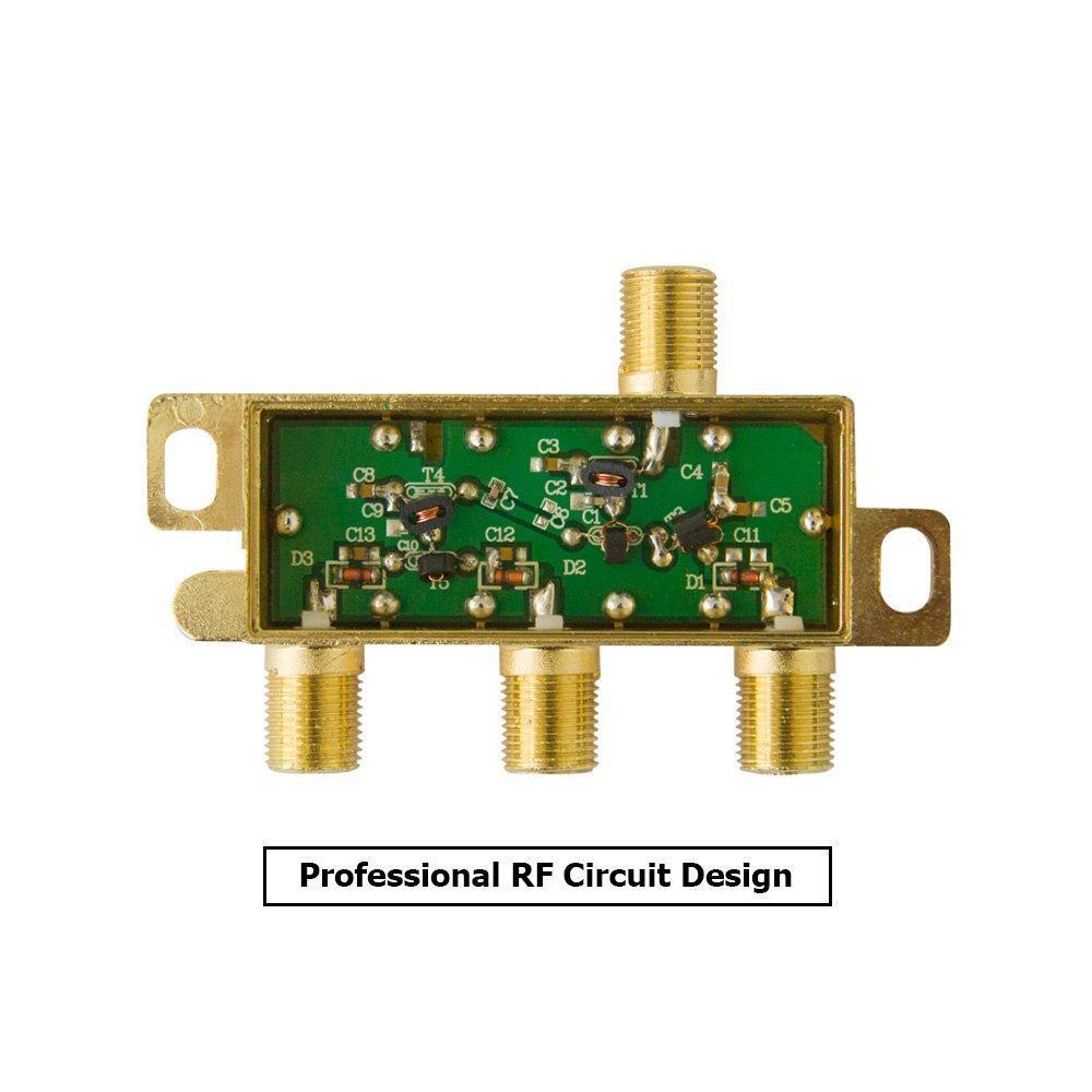 antop low-loss 3 way coaxial splitter for tv antenna and satellite 18k gold-plated chassis 2ghz - 5-2050mhz all port dc power p