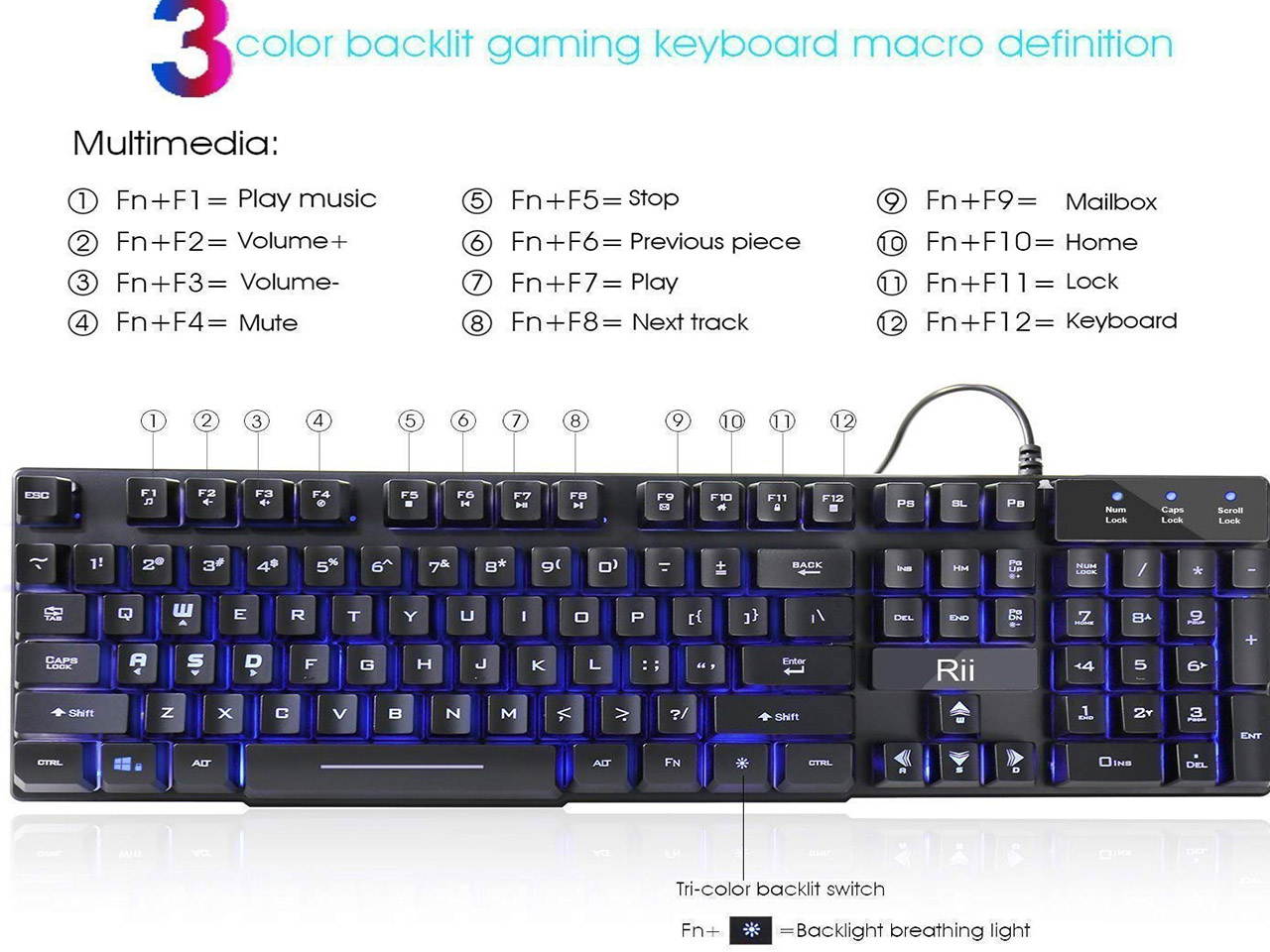 High Performance wired Keyboard, 3 Colors LED Backlit USB Wired Multimedia Keyboard For working, gaming, office, Standard 104 Keys, Automatically sleeping modes, Mechanical feeling Keyboard