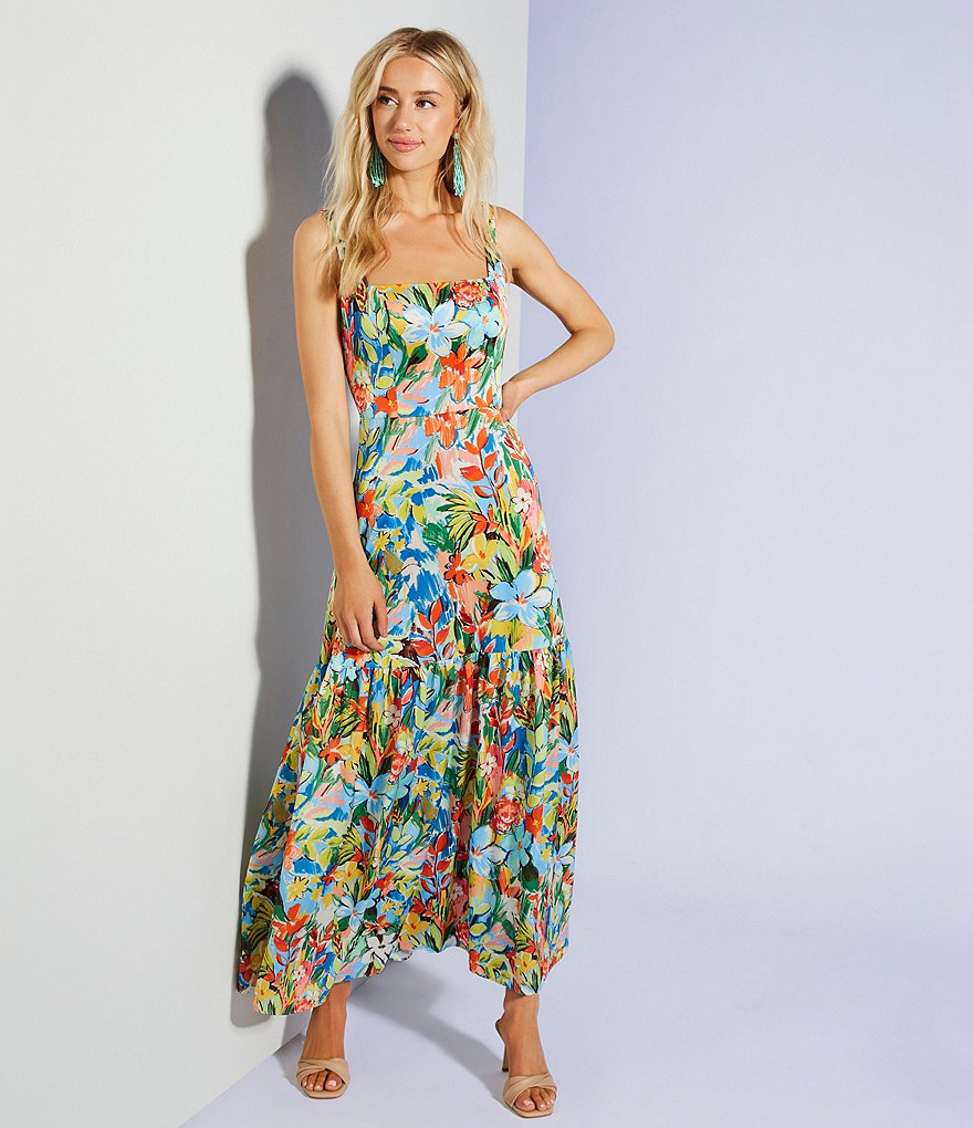Aidan Aidan Mattox Floral Square Neck Sleeveless Printed Satin Tiered Midi Dress