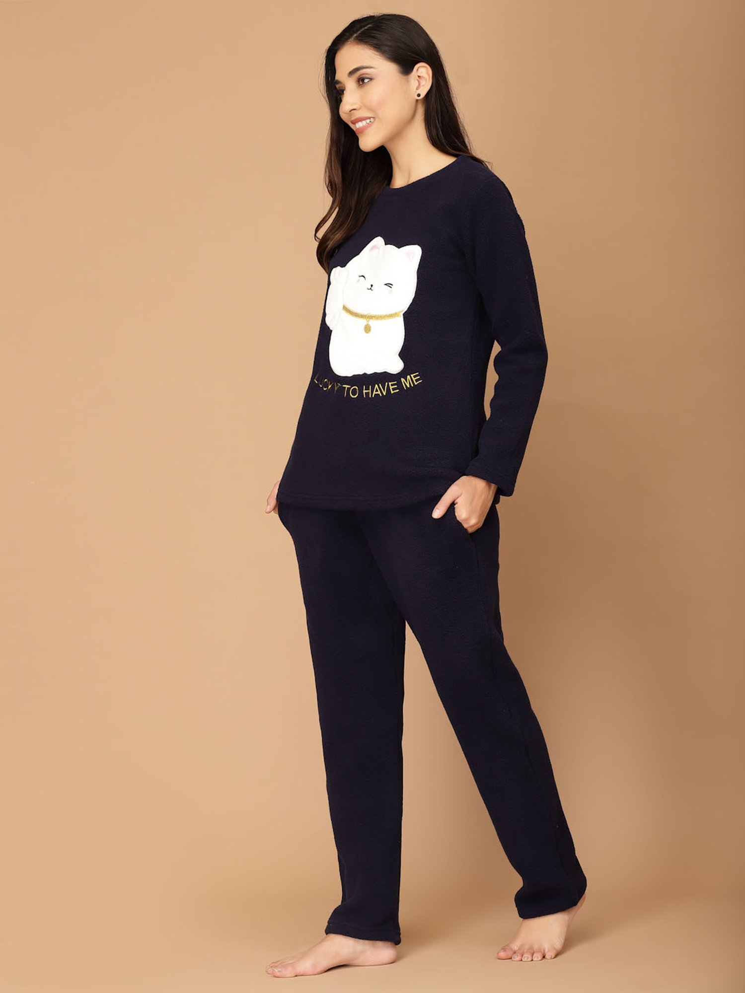 Sweet Dreams Navy Fleece Printed Winterwear Top With Pyjamas