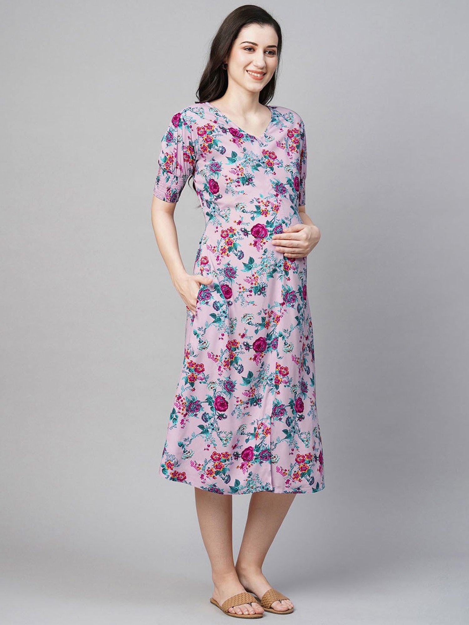 MomToBe Light Purple Floral Print Maternity Midi Dress