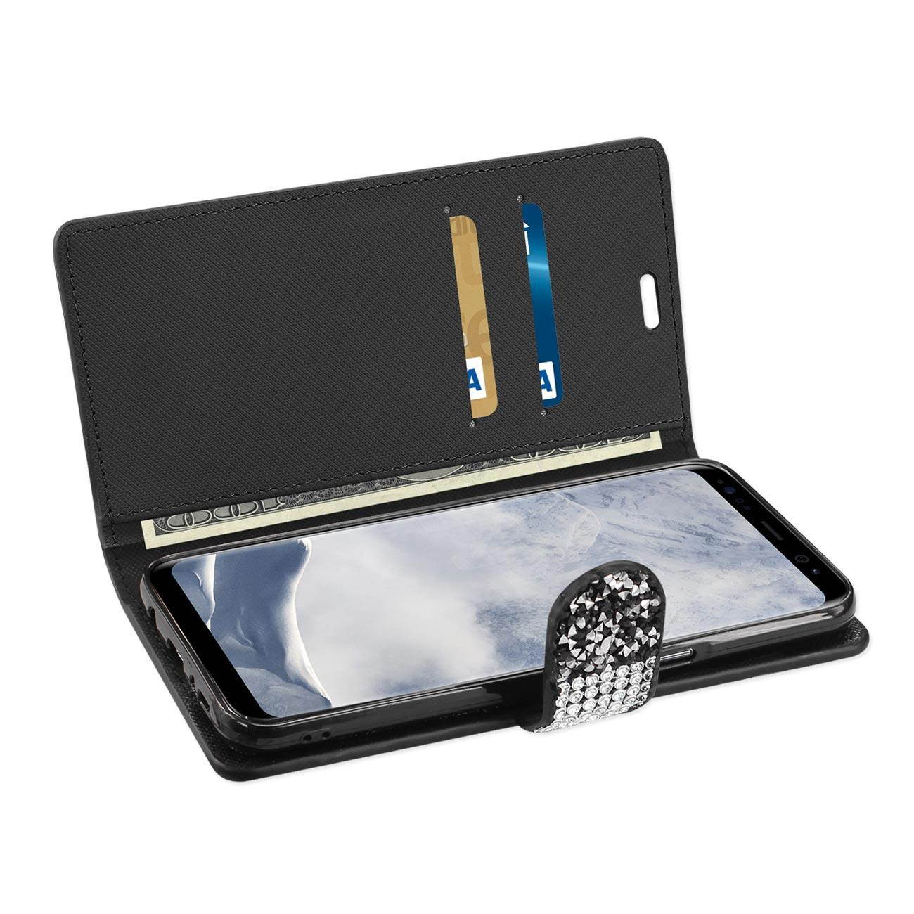 REIKO SAMSUNG GALAXY S8 EDGE/ S8 PLUS DIAMOND RHINESTONE WALLET CASE IN BLACK
