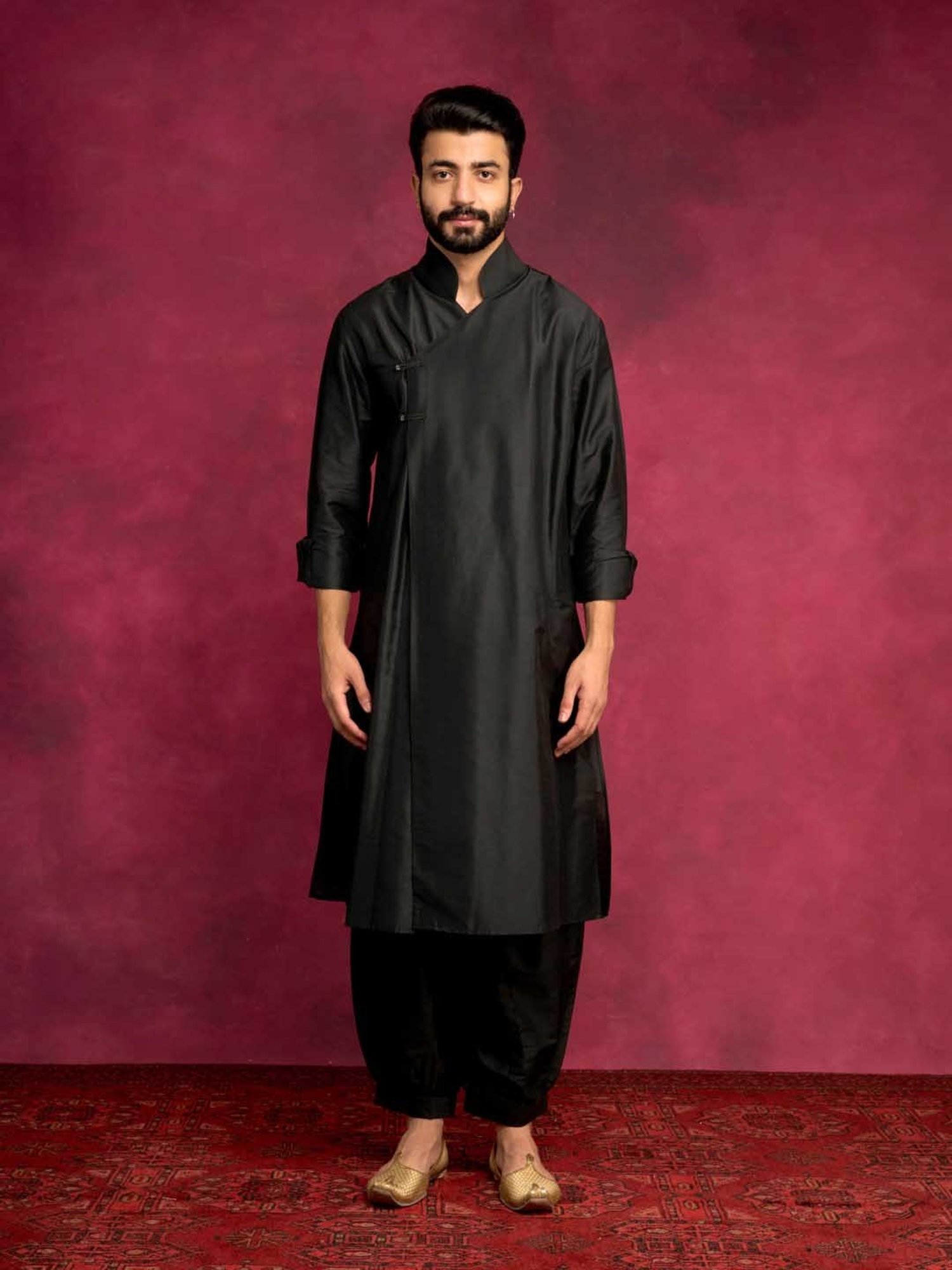 Abhishti Black Straight Fit Overlap Asymmetrical Kurta & Pathani Pants Set