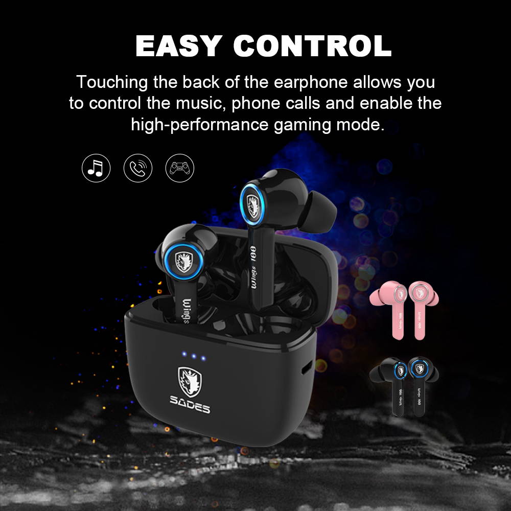 SADES Wings 100 True Wireless Pink Gaming Earbuds With Clear Microphone Low Latency Gaming Bass Audio Blutooth Earbuds With Charging Box For Gamers