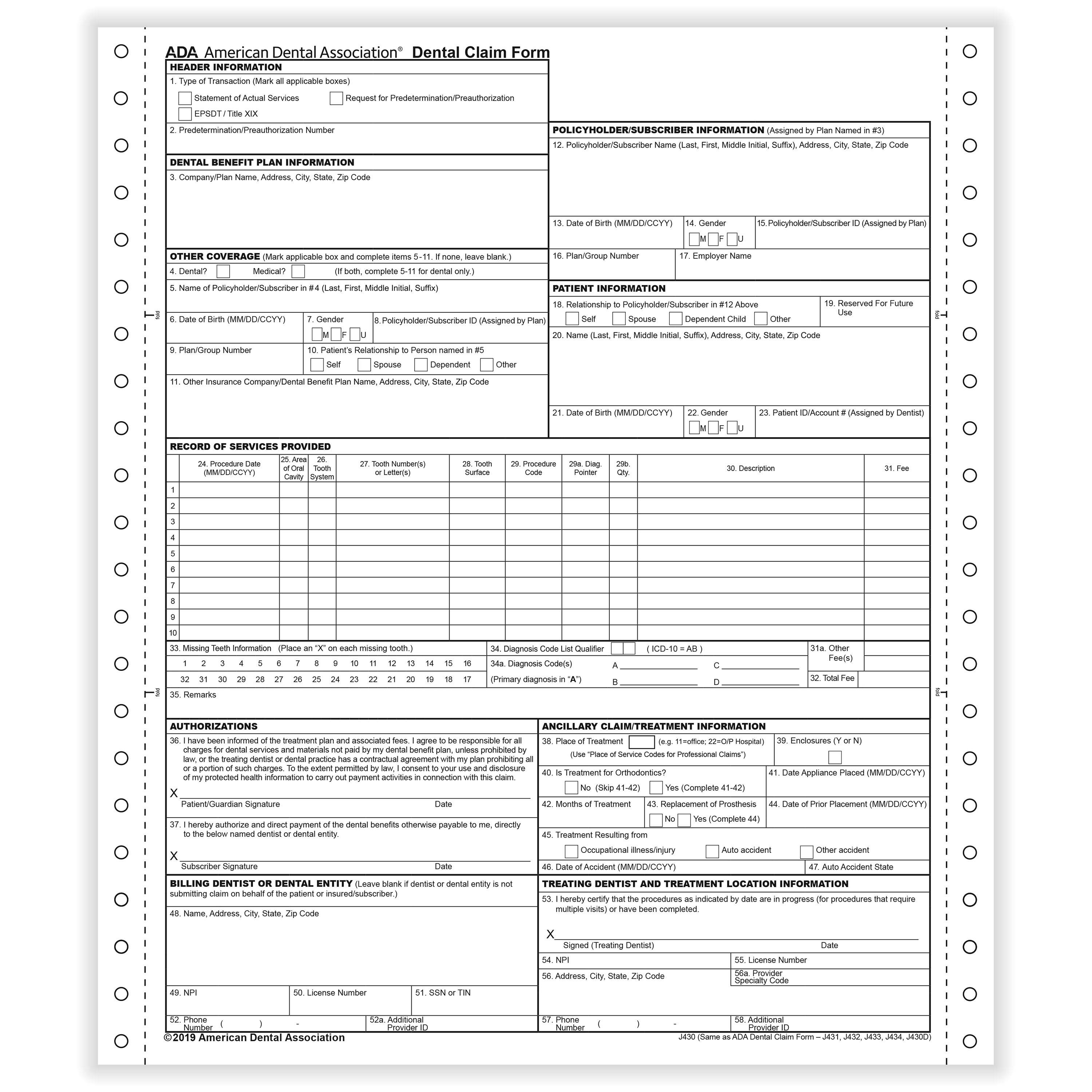 Attending Dentist's Statement (2019), ADA Dental Claim Form 1-Part Continuous (2,500/case)