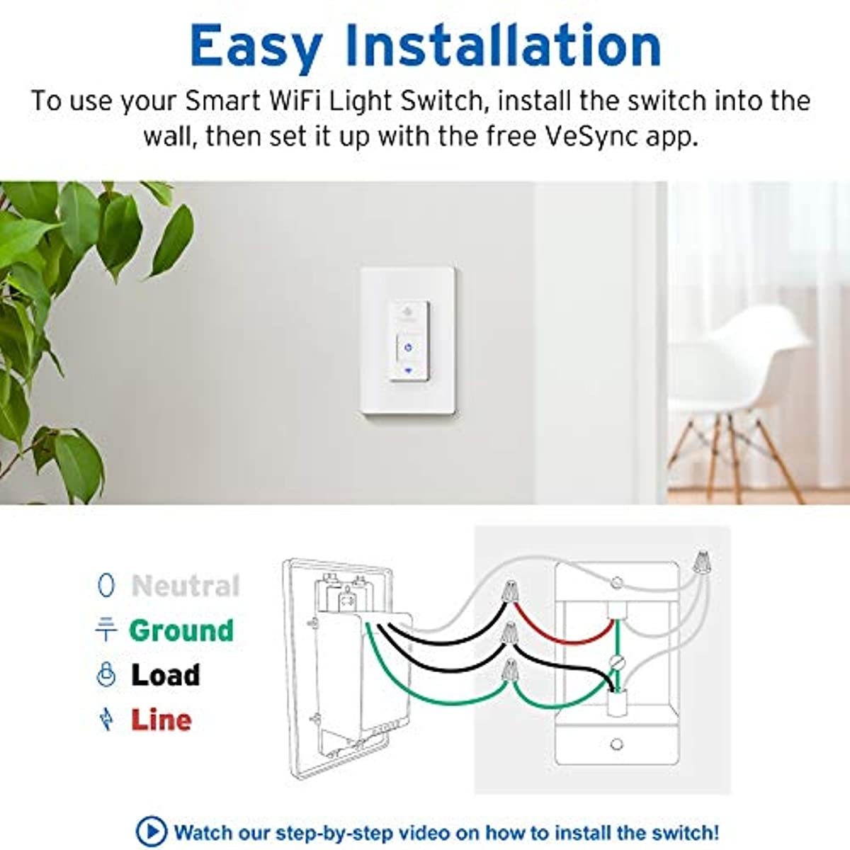 Smart Light Switch by Etekcity, WiFi Remote Control Switch with Timer, Works with Alexa, Google Home and IFTTT, Single Pole, Neutral Wire Required, No Hub Required, Easy Installation, ETL/FCC Listed