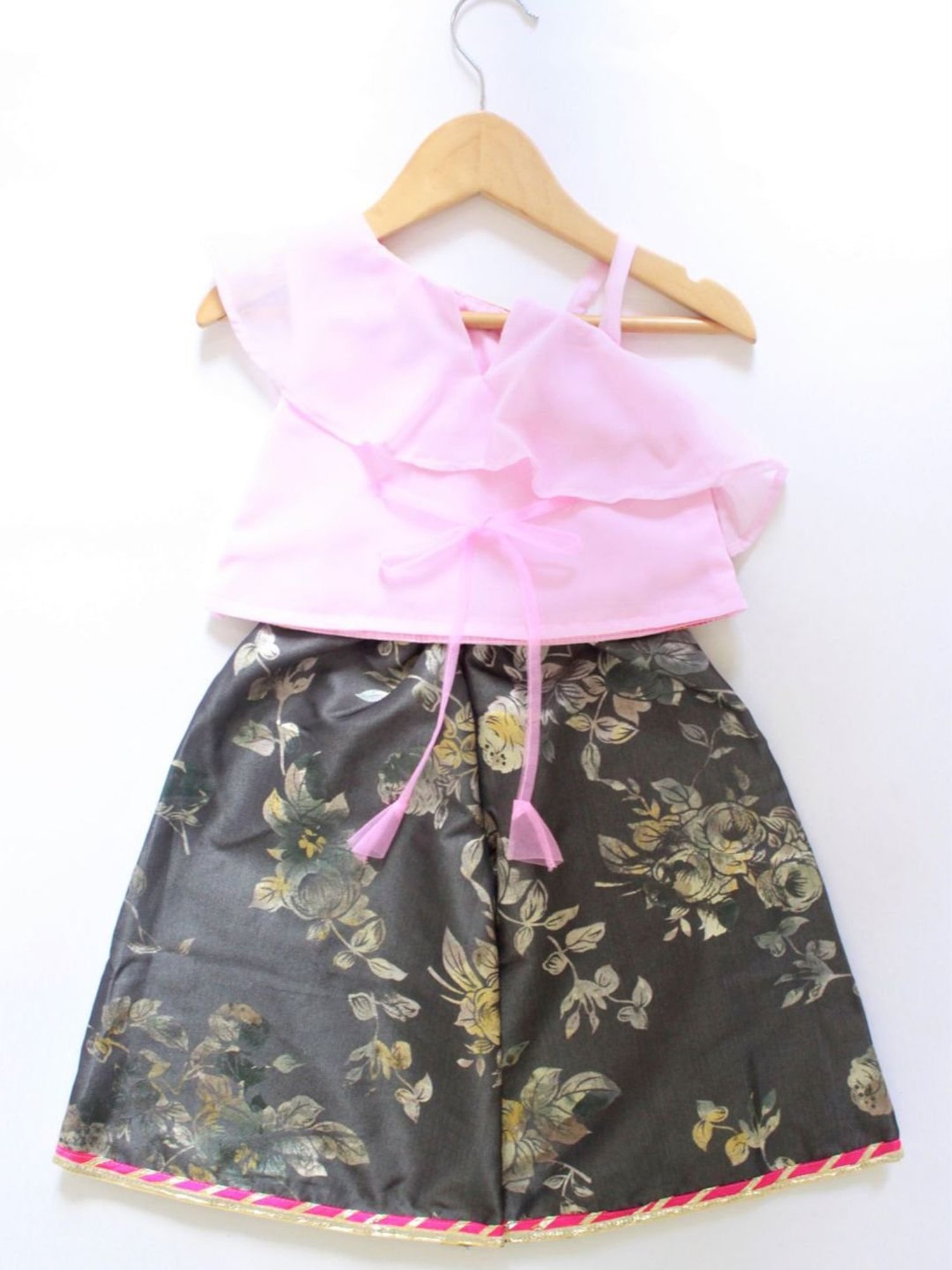 Many Frocks Kids Pink & Grey Embellished Top & Palazzo