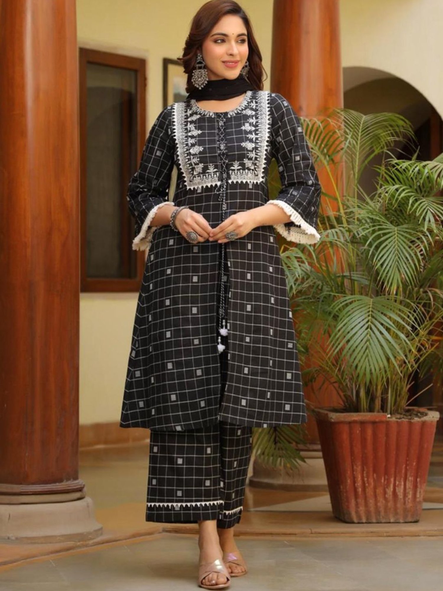 Autumnlane Black Jeena Swish Checks Kurta with Pant and Dupatta