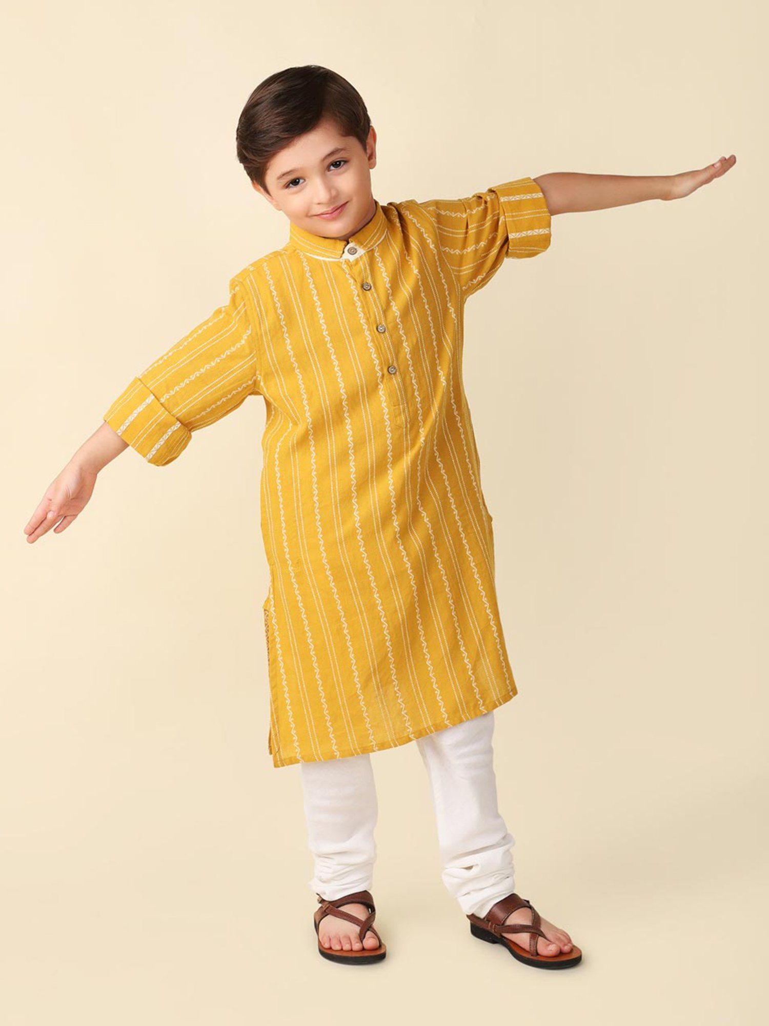 Fabindia Kids Yellow Self Design Full Sleeves Kurta