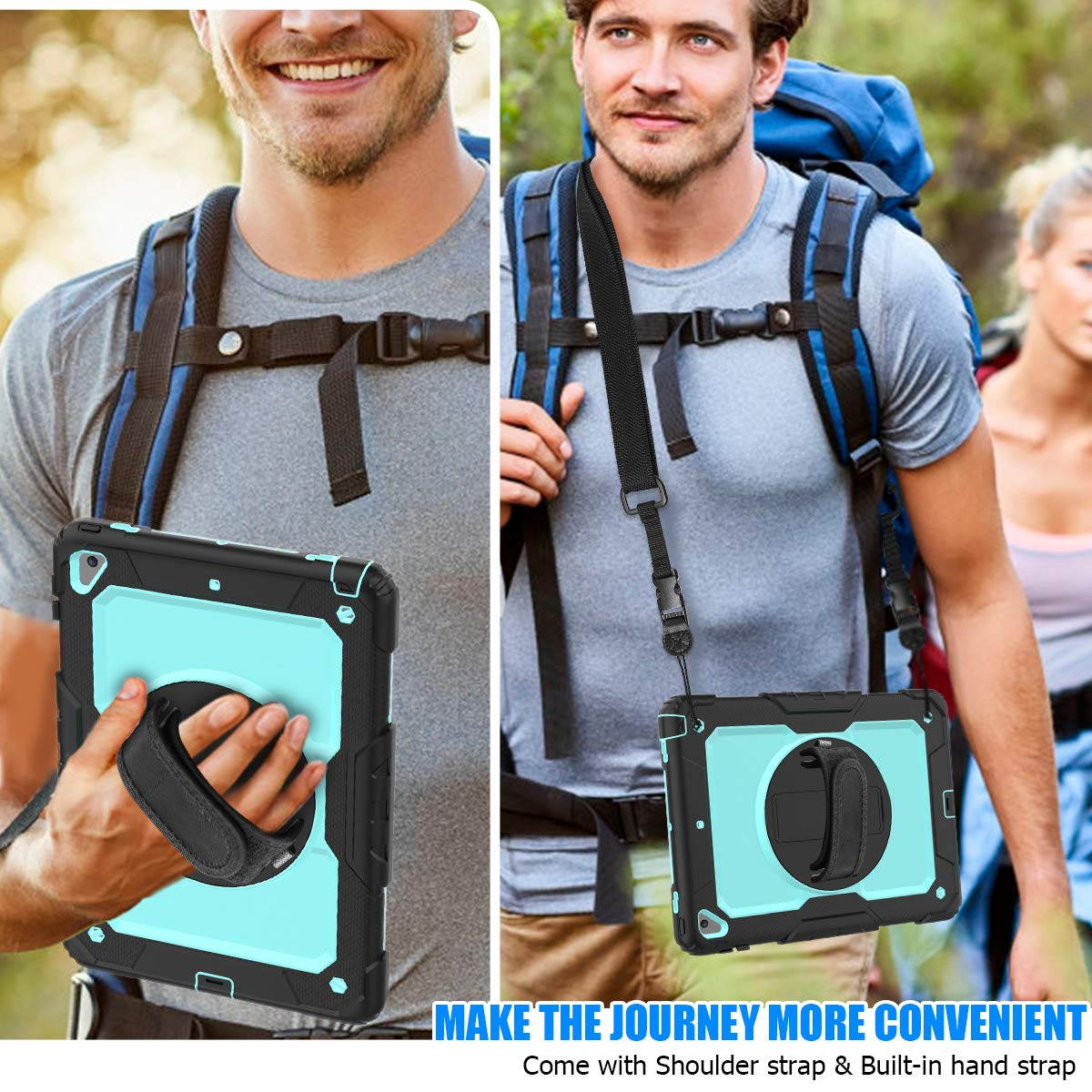 IPad 5th/6th Generation Case,Shockproof, Drop proof, 360 Degree Rotation Kickstand, Hand Strap,Shoulder Strip to Hang in Car Seat.Built-in Screen Protector for New iPad 9.7 2018/2017 Case