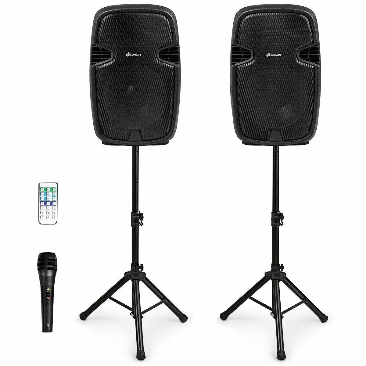3000 W Dual 15" Powered Speakers with Bluetooth and Adjustable Bracket