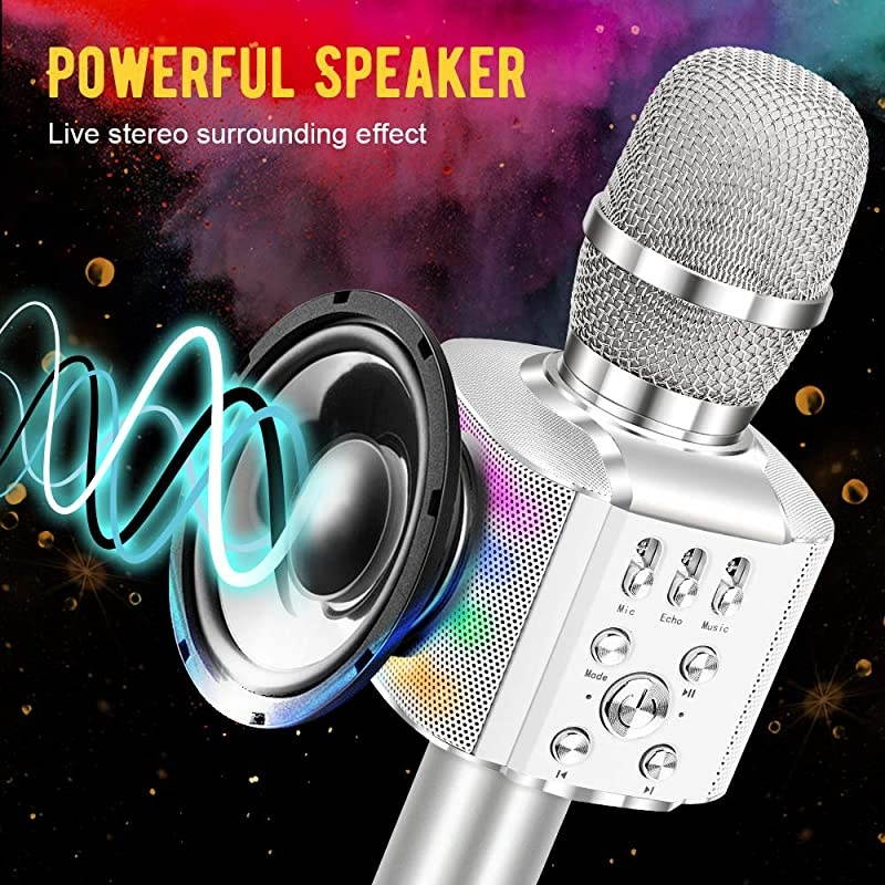 Wireless Bluetooth Karaoke Microphone with controllable LED Lights, 4 in 1 Portable Karaoke Machine Mic Speaker Birthday Home Party for All Smartphones PC(Q36 Silver)
