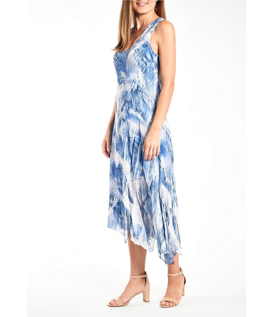 Komarov V-Neck Sleeveless Charmeuse Dress with Asymmetrical Hem