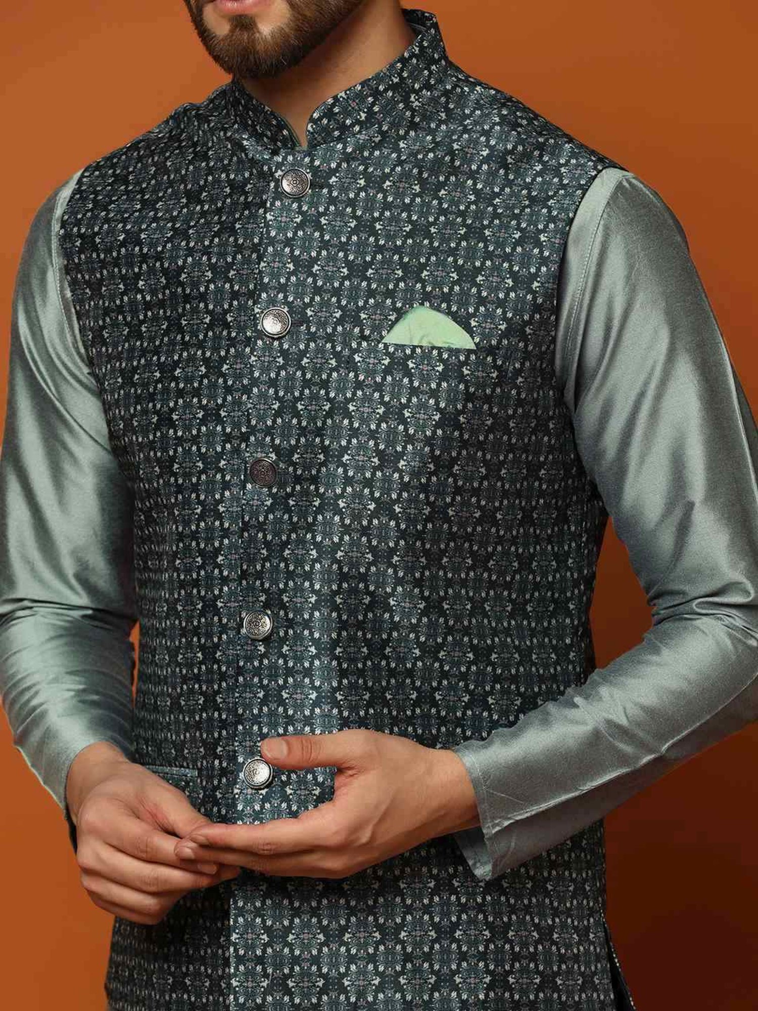 KISAH Teal Blue Regular Fit Self Pattern Nehru Jacket