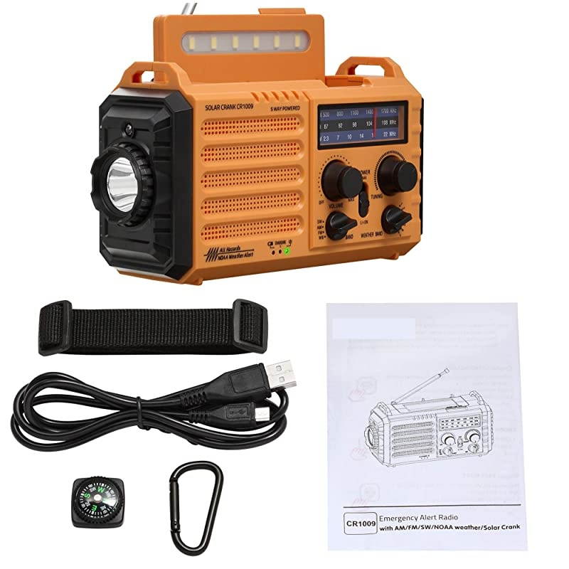 Weather Radio for Household Outdoor Emergency Portable AMFM SW Radio 5 Way Powered SolarHand Crank2000mAh Rechargeable Power BankUSB Charger LED Flashlight Reading Lamp Compass Strap