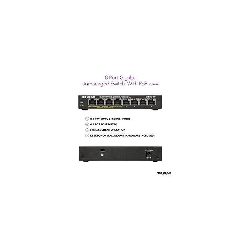 8Port Gigabit Ethernet Unmanaged PoE Switch GS308P with 4 x PoE 55W Desktop Sturdy Metal Fanless Housing
